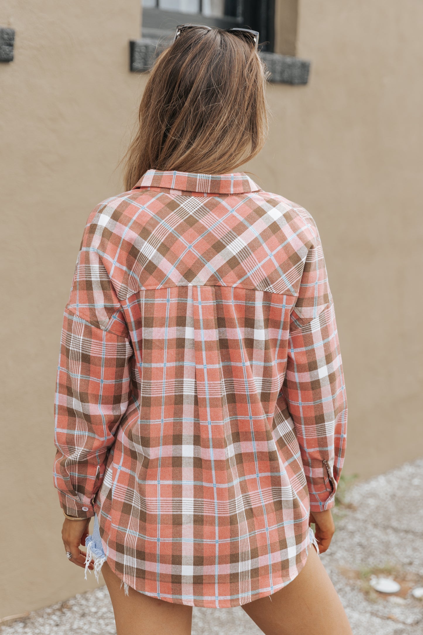 Pink Drop Shoulder Rounded Hem Plaid Pattern Shirt