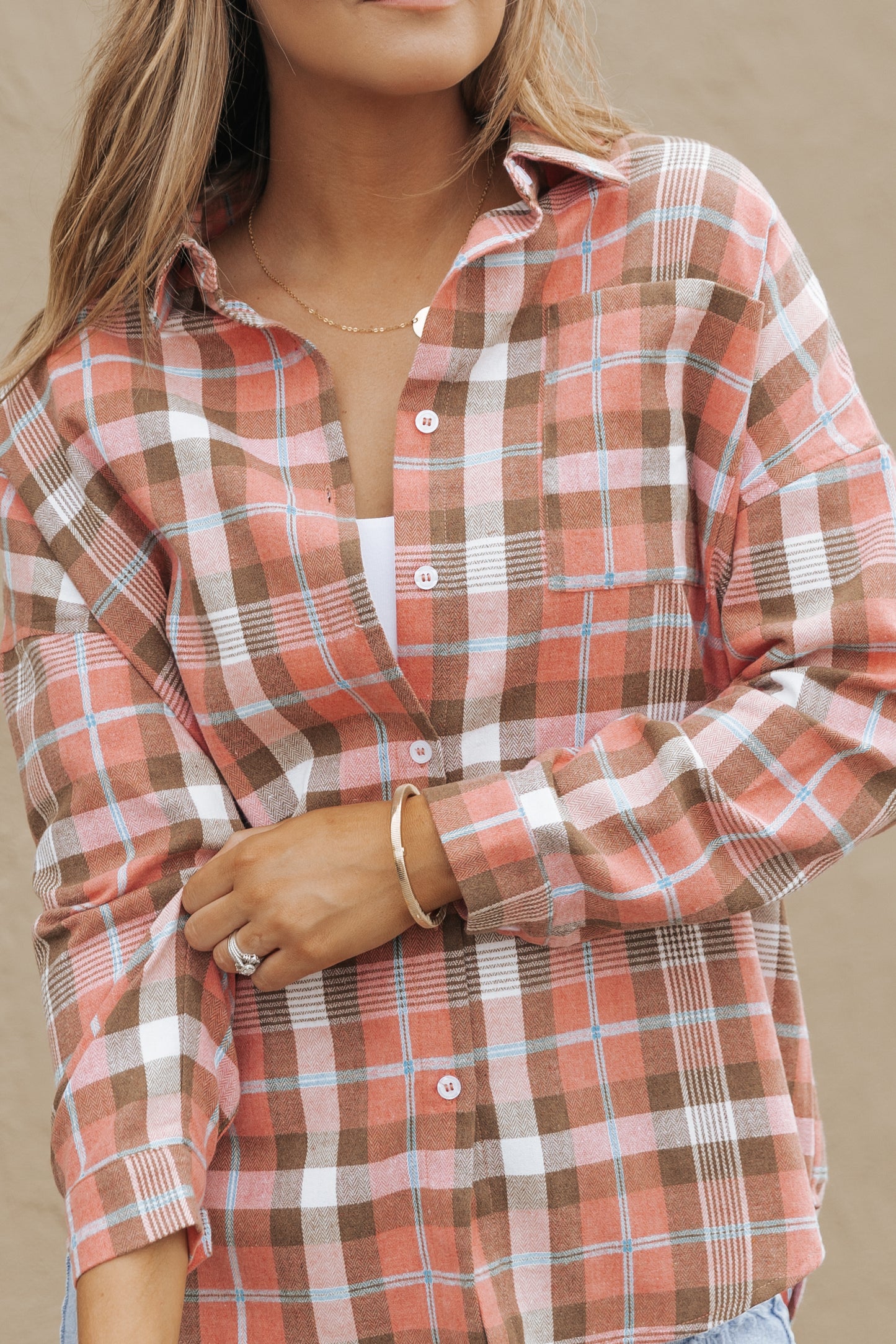 Pink Drop Shoulder Rounded Hem Plaid Pattern Shirt