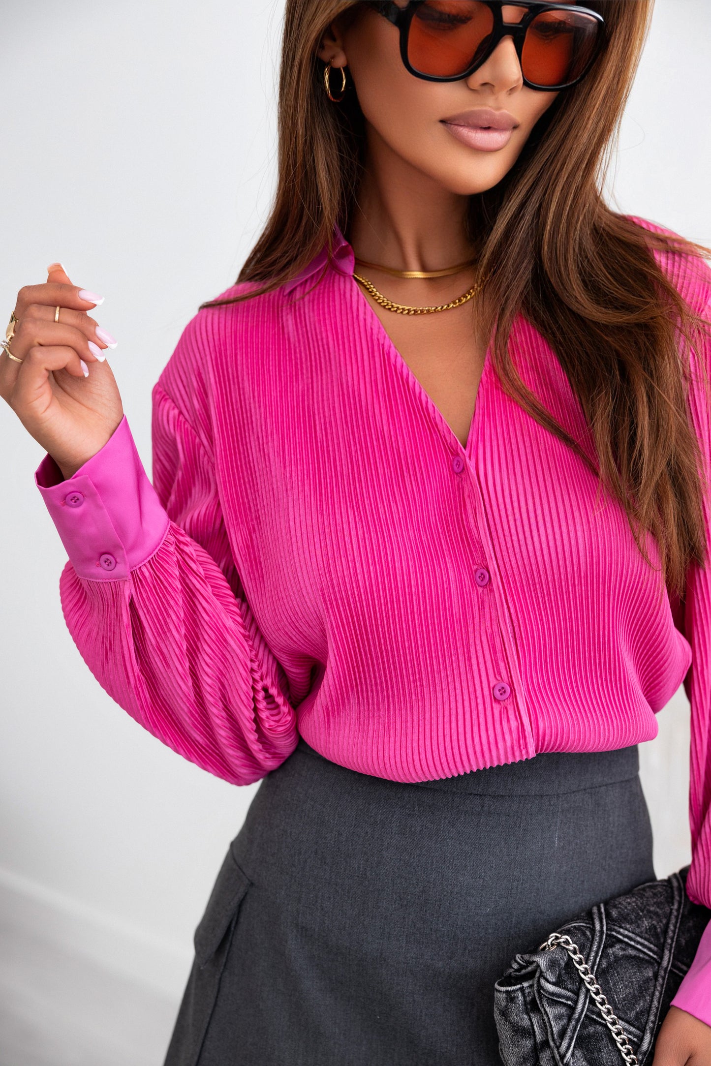 Pink V Neck Collared Button Pleated Shirt
