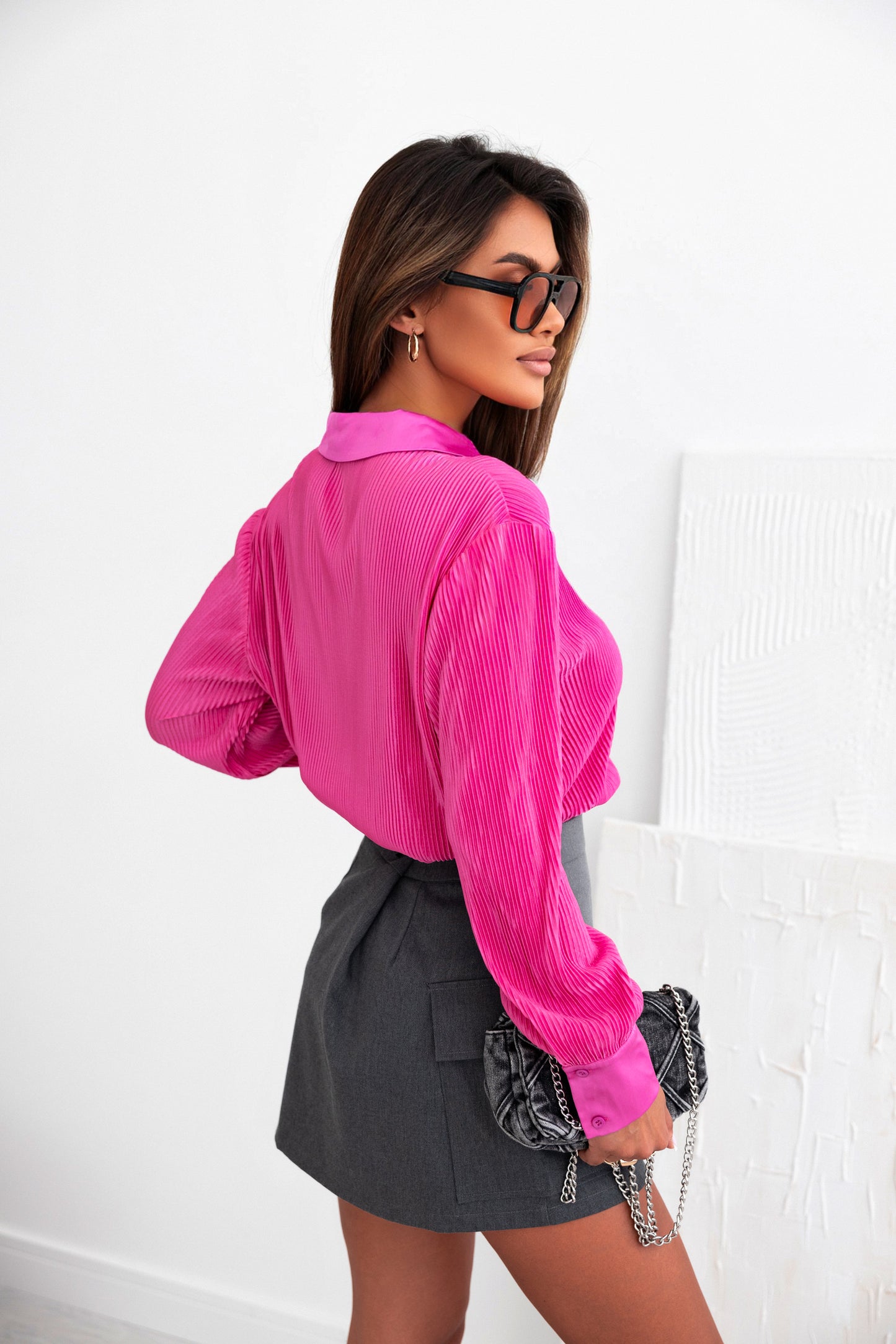 Pink V Neck Collared Button Pleated Shirt