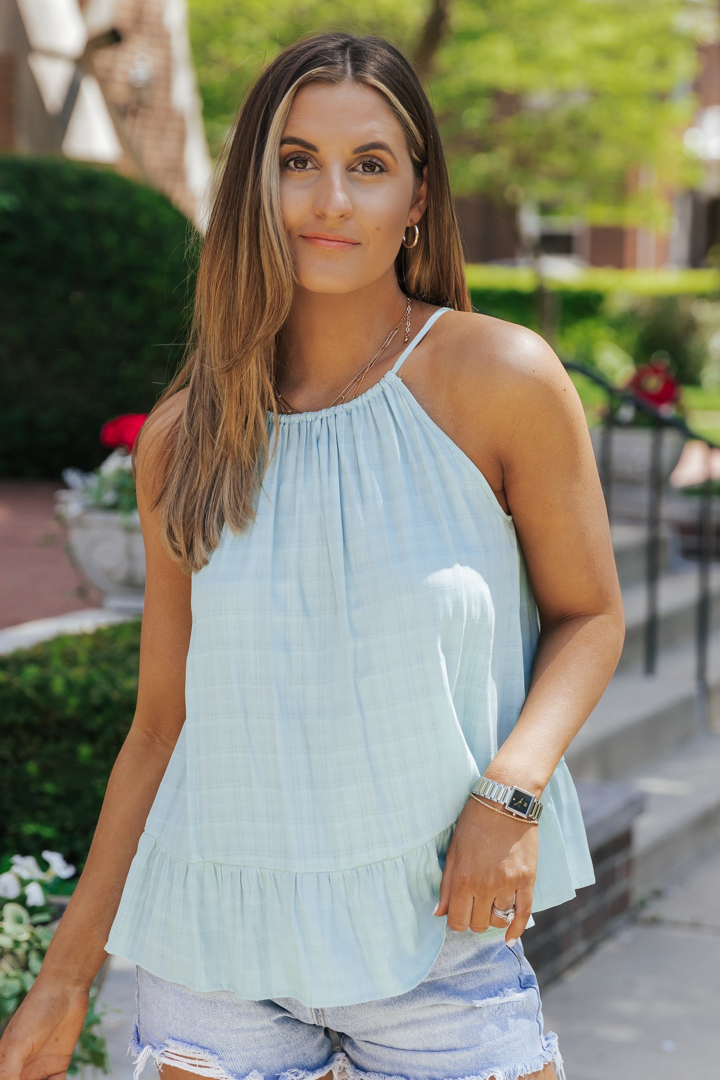 Green Lightweight Ruffle Hem Halter Tank Top