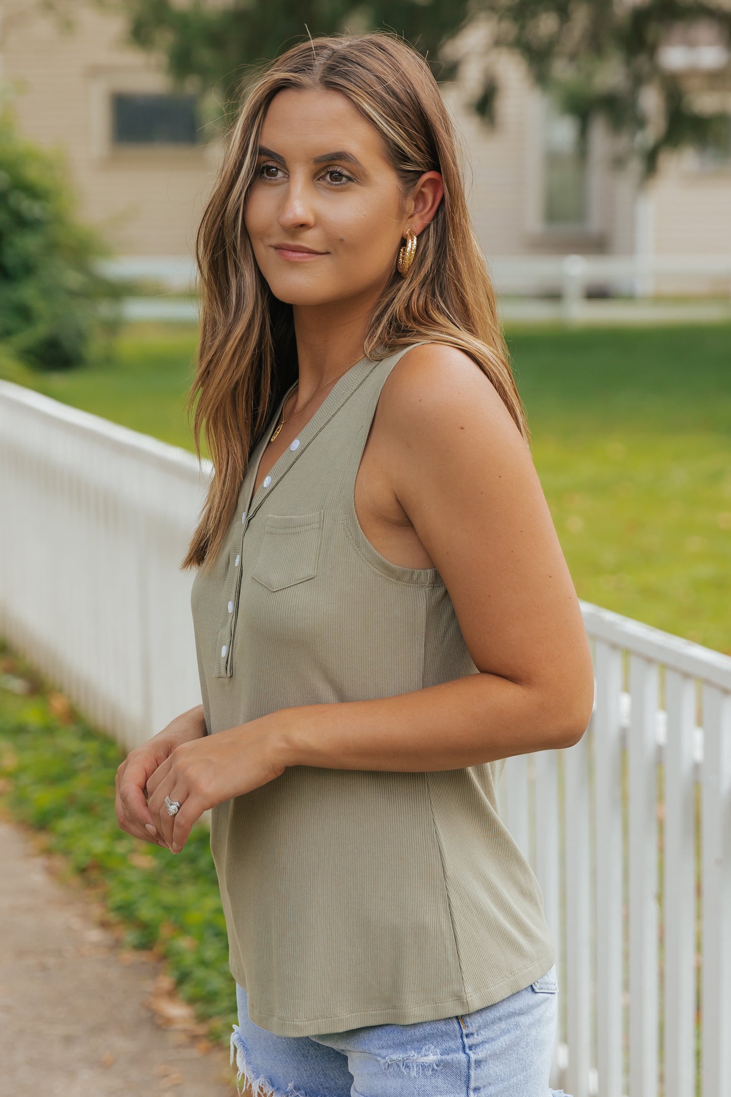 Ribbed Knit Buttoned Henley V Neck Tank Top
