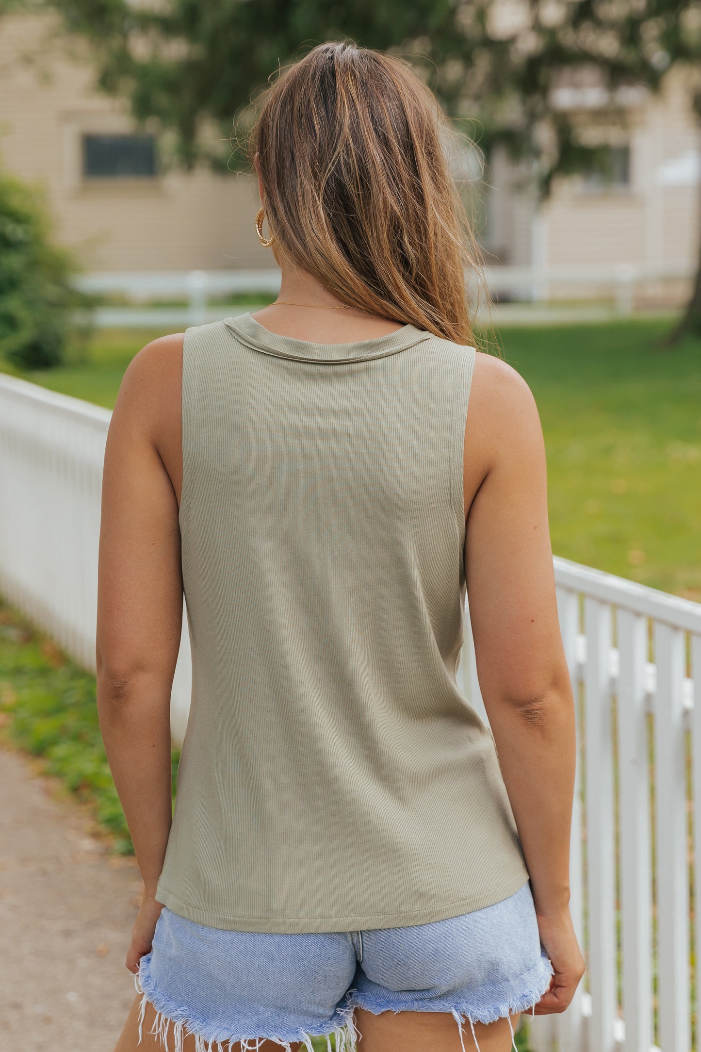 Ribbed Knit Buttoned Henley V Neck Tank Top