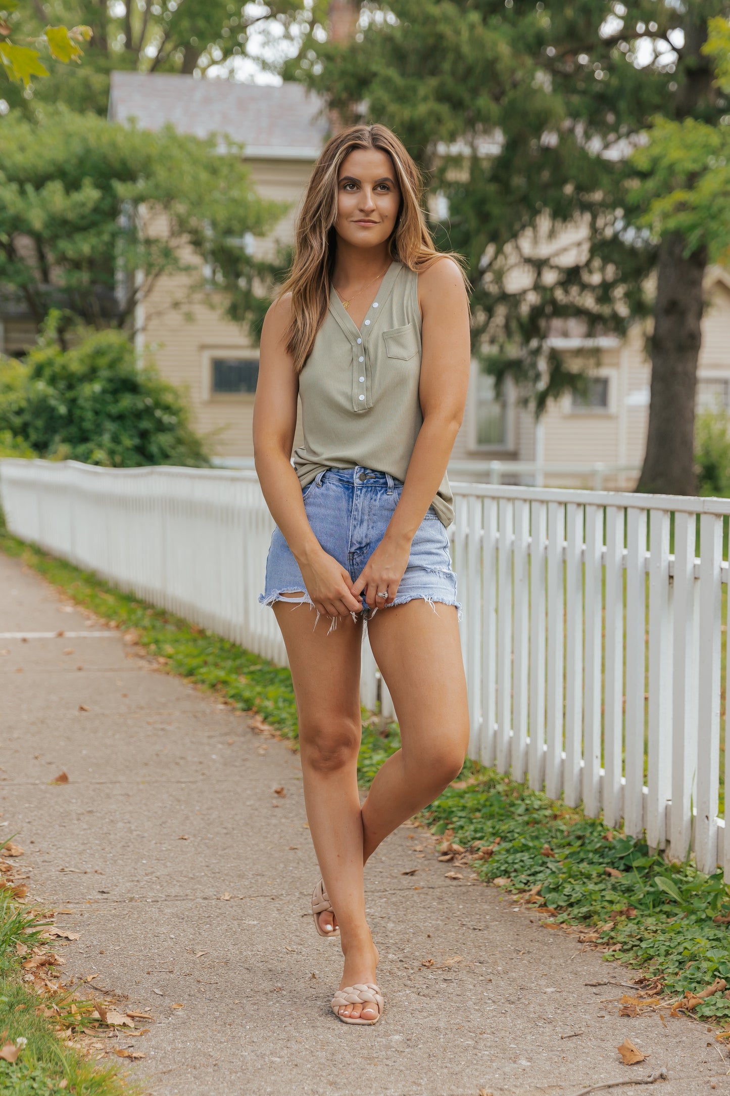 Ribbed Knit Buttoned Henley V Neck Tank Top