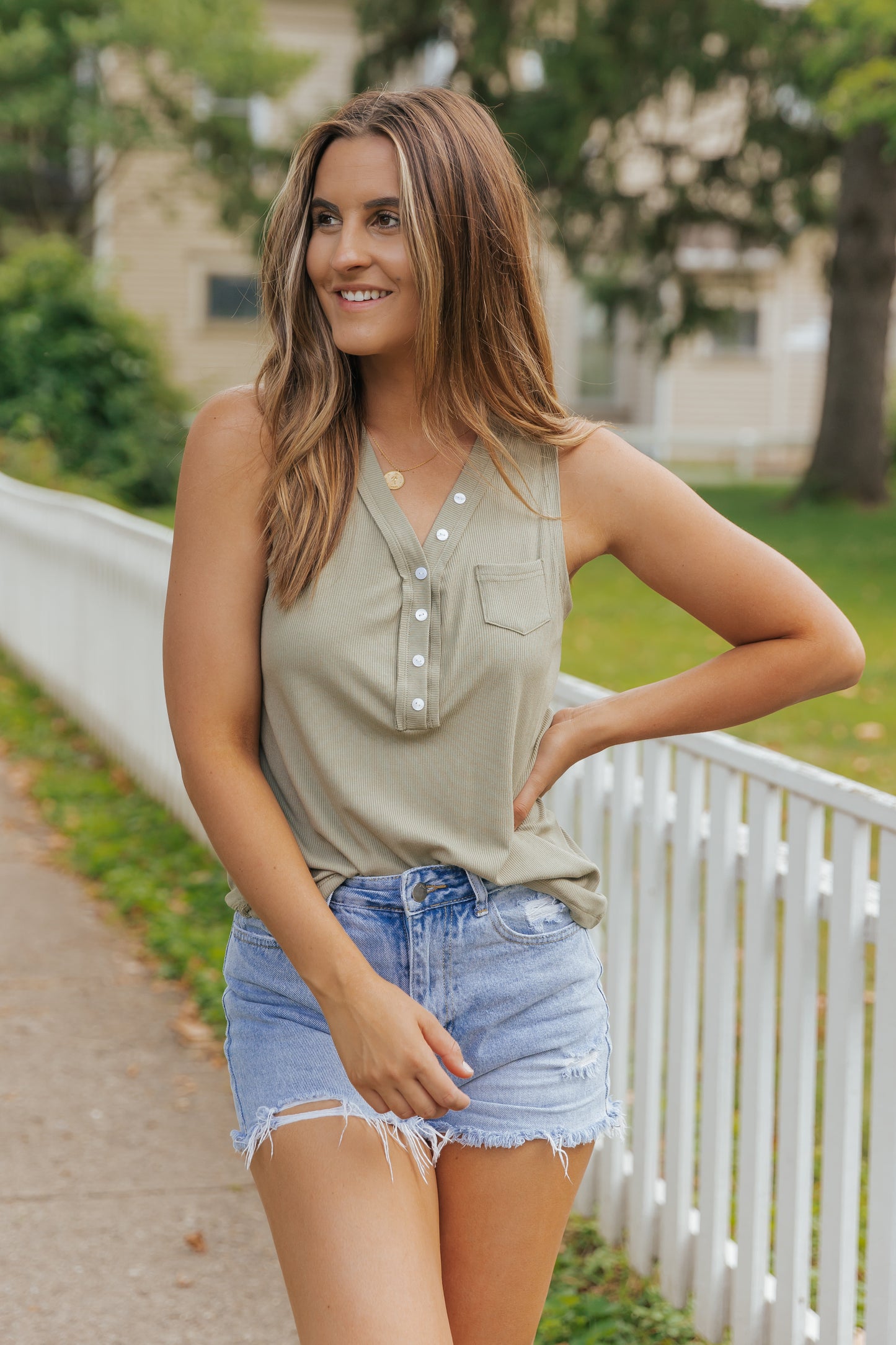Ribbed Knit Buttoned Henley V Neck Tank Top