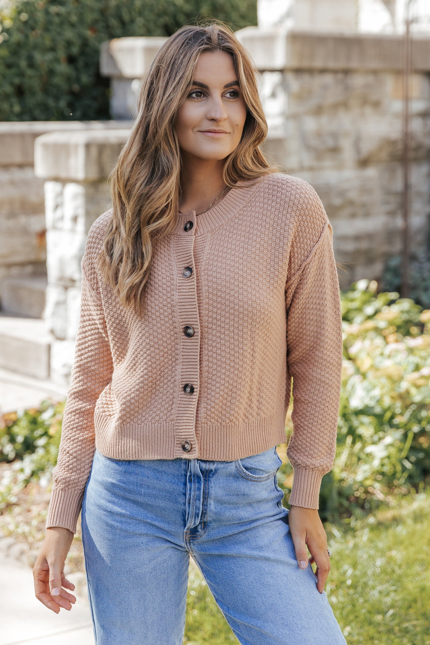 Khaki Button Front Drop Shoulder Knitted Cardigan