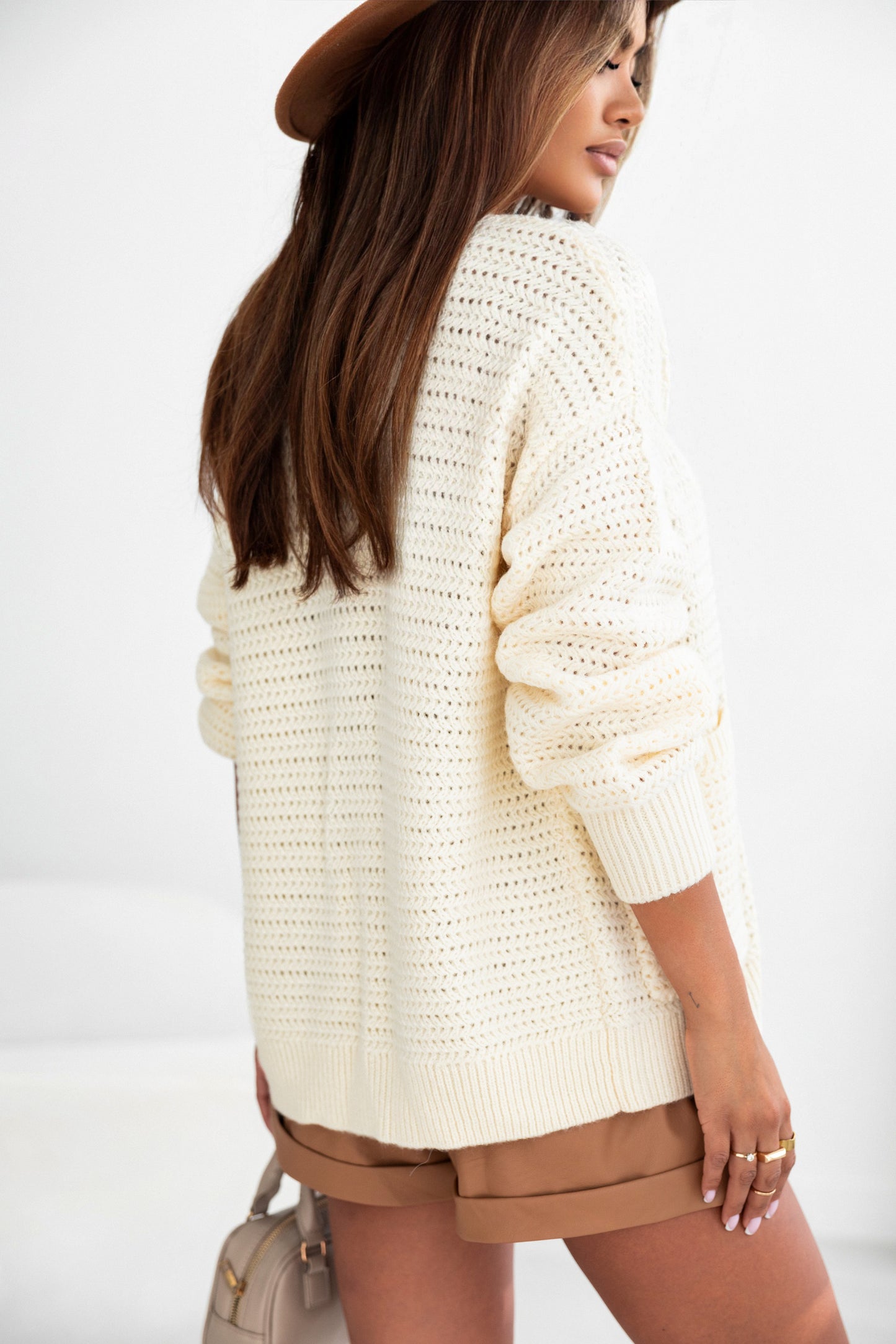 Beige Chunky Textured Knit Pocketed V Neck Cardigan