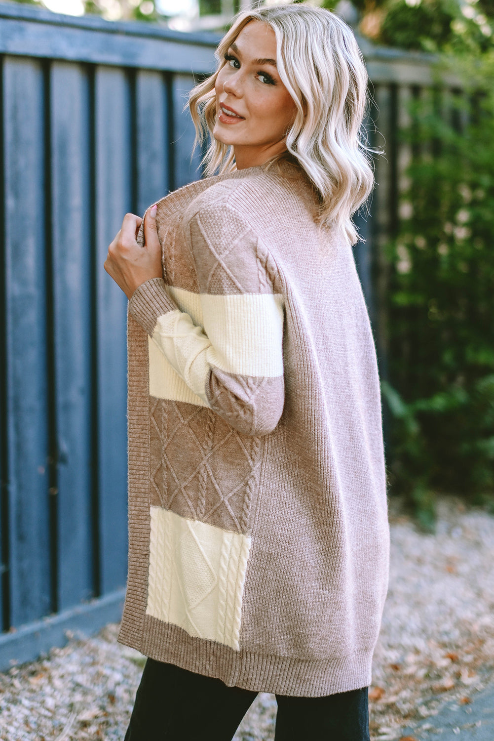 Parchment Color Block Textured Knit Open Front Cardigan