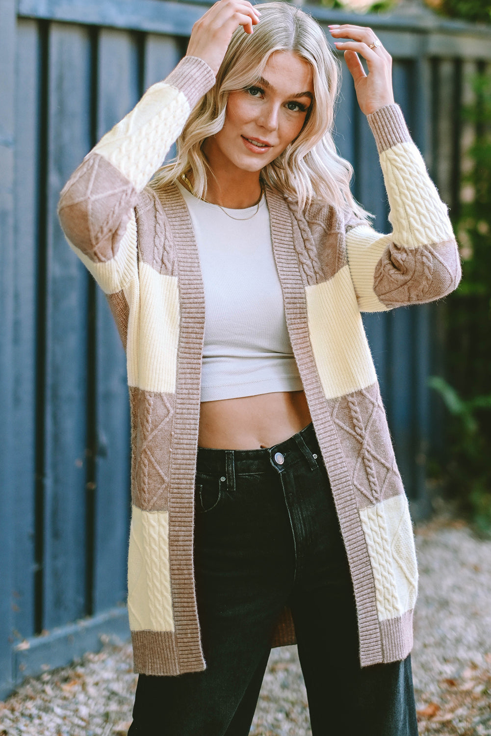 Parchment Color Block Textured Knit Open Front Cardigan
