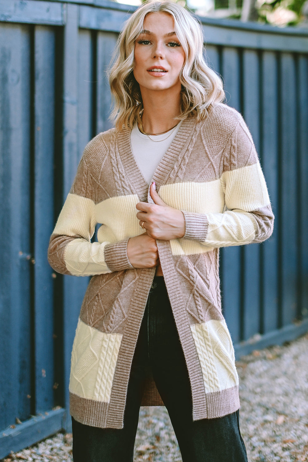 Parchment Color Block Textured Knit Open Front Cardigan