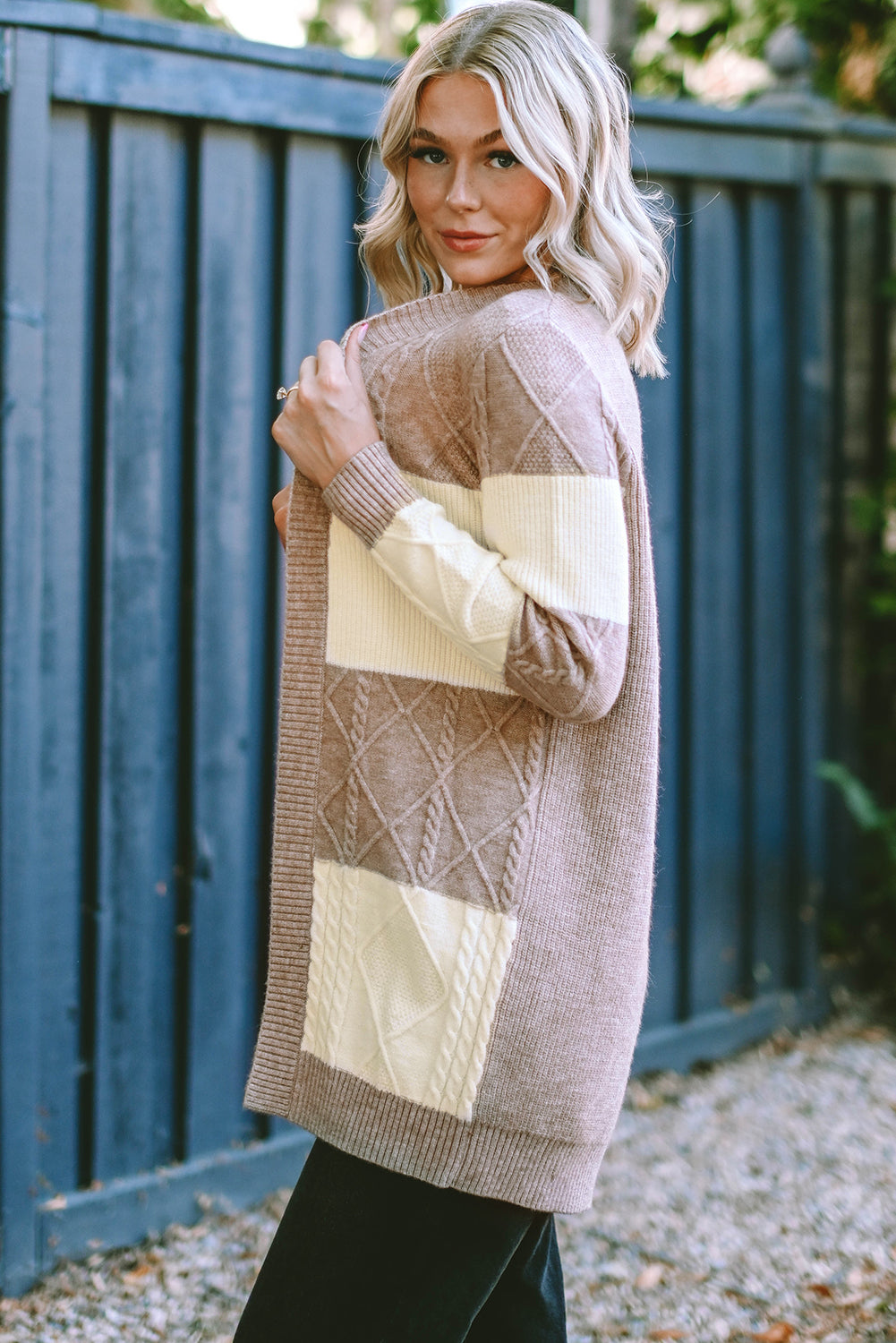 Parchment Color Block Textured Knit Open Front Cardigan