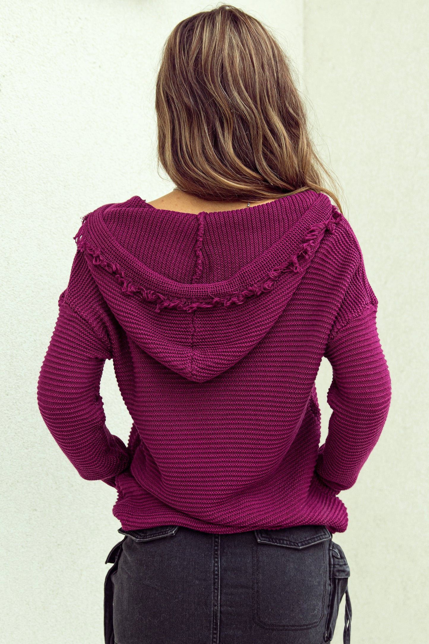 V Neck Ribbed Drop Shoulder Hooded Sweater