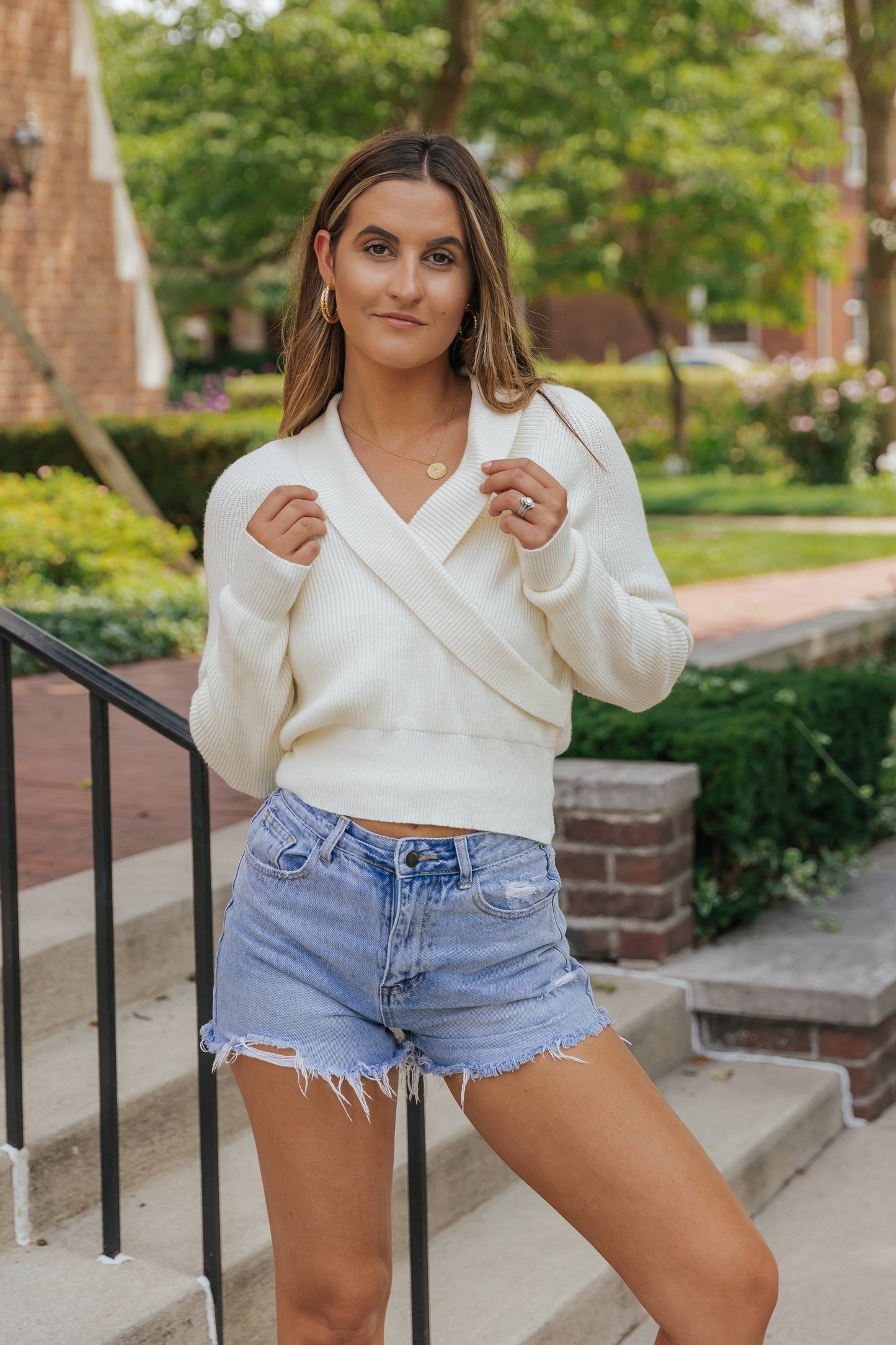 Beige Ribbed Long Sleeve Surplice Crop Sweater