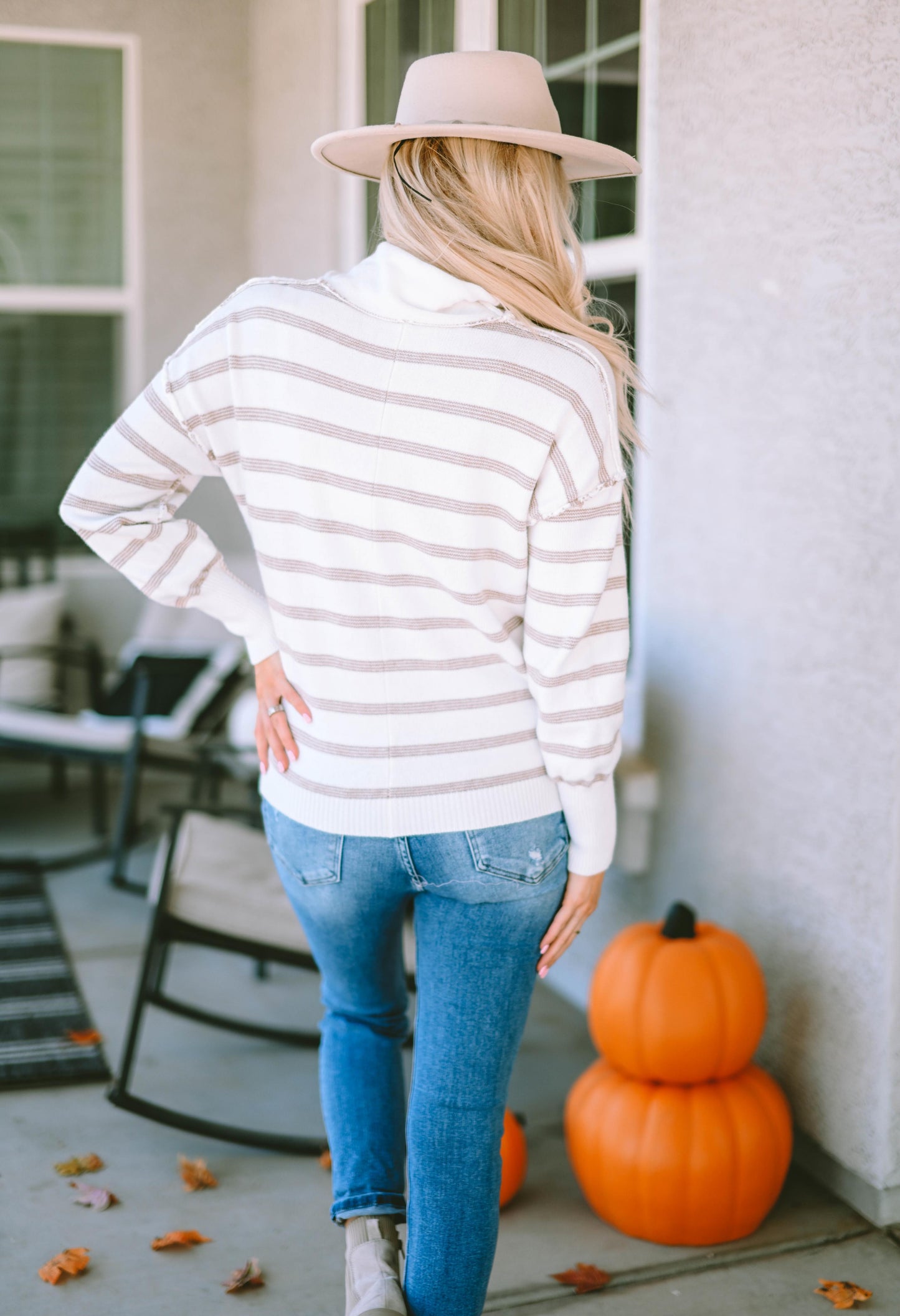 Cowl Neck Striped Print Drop Shoulder Sweater