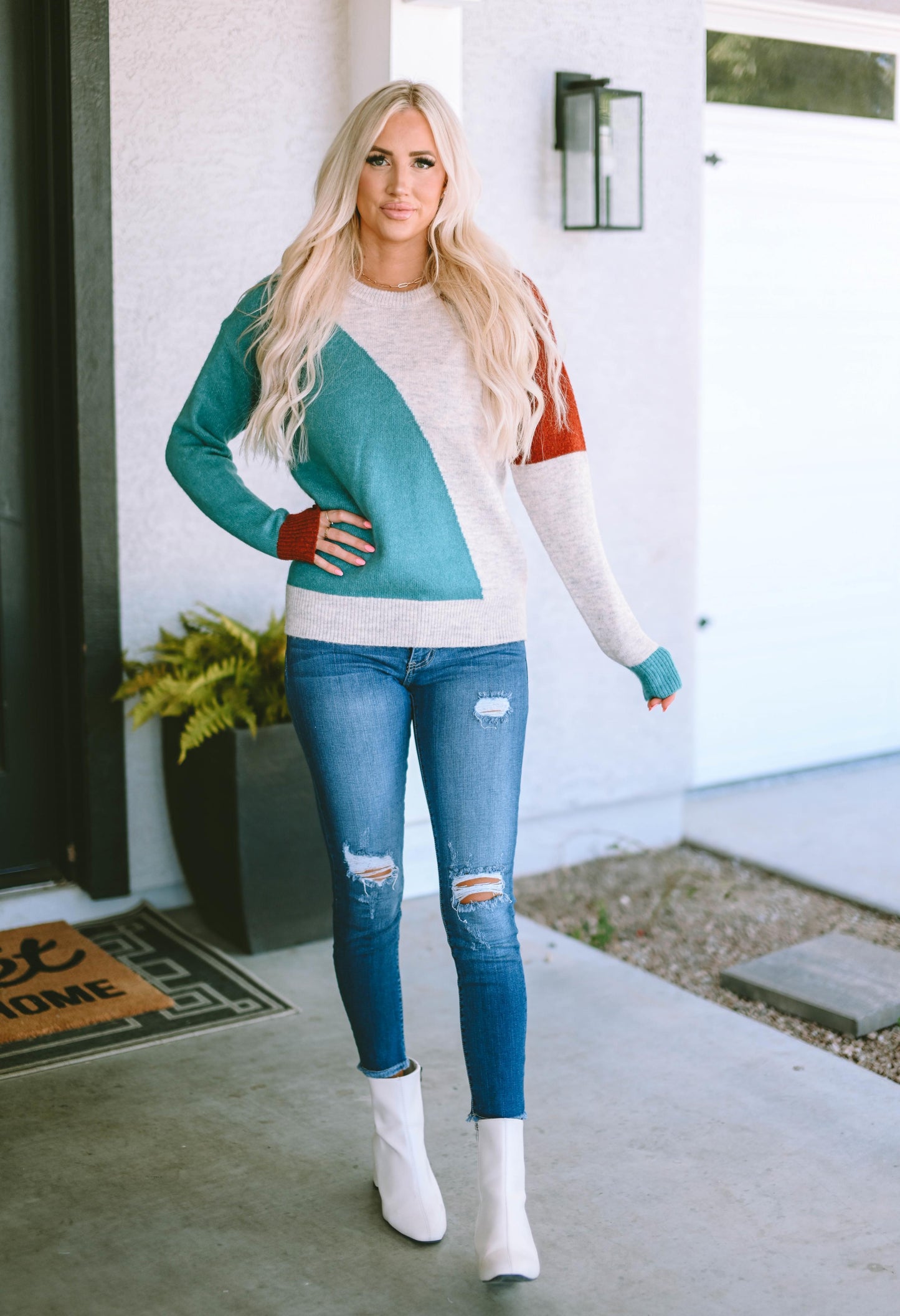 Multicolor Colorblock Ribbed Trim Round Neck Sweater