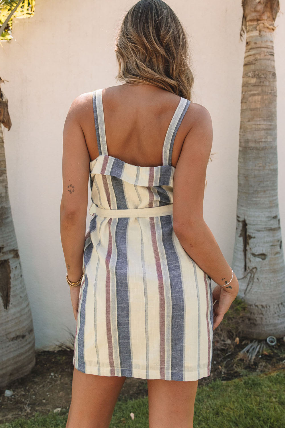 Stripe Frill Trim Patch Pocket Belted Mini Dress