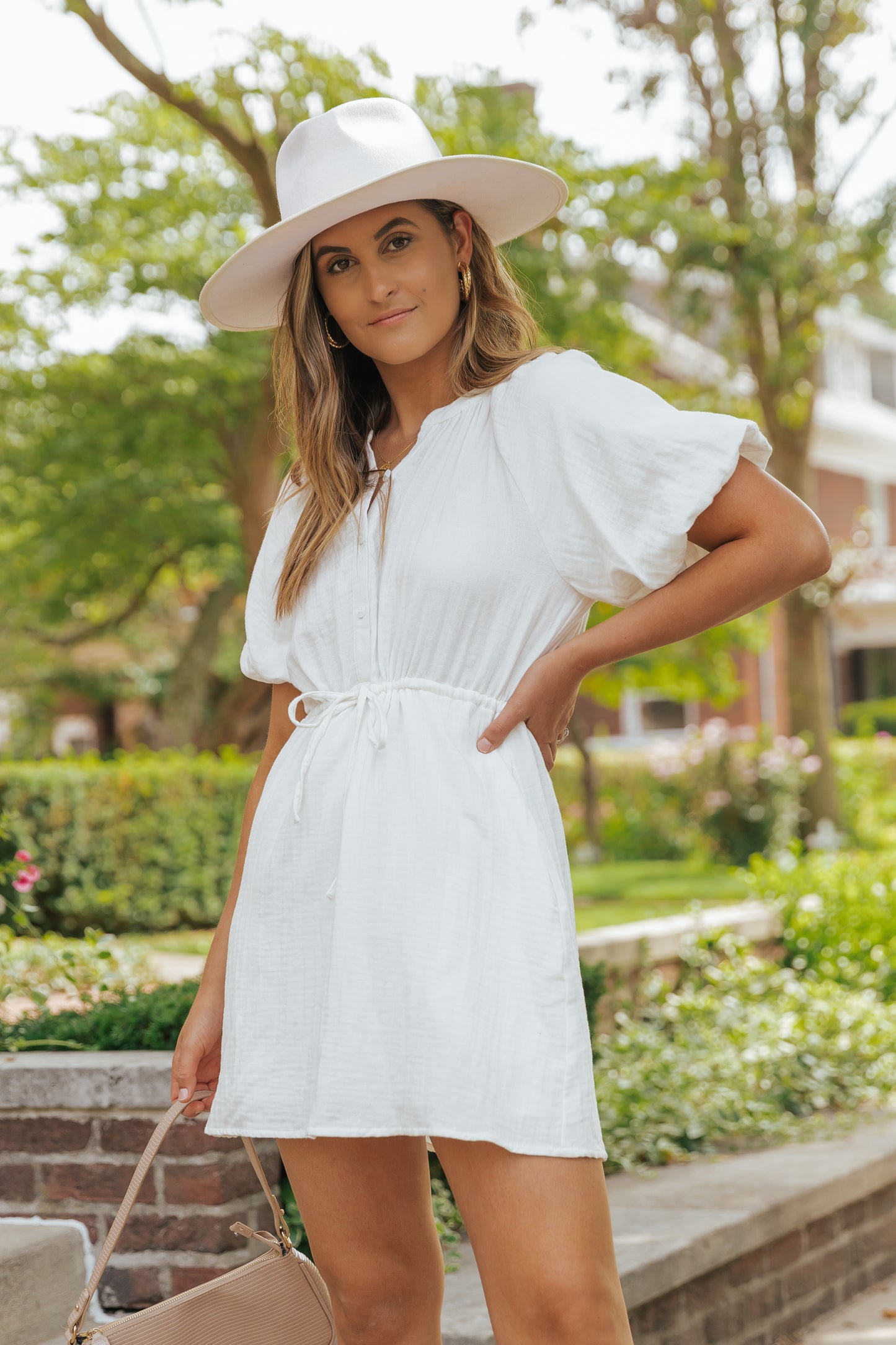 Puff Sleeve Drawstring Shirt Dress with Pockets