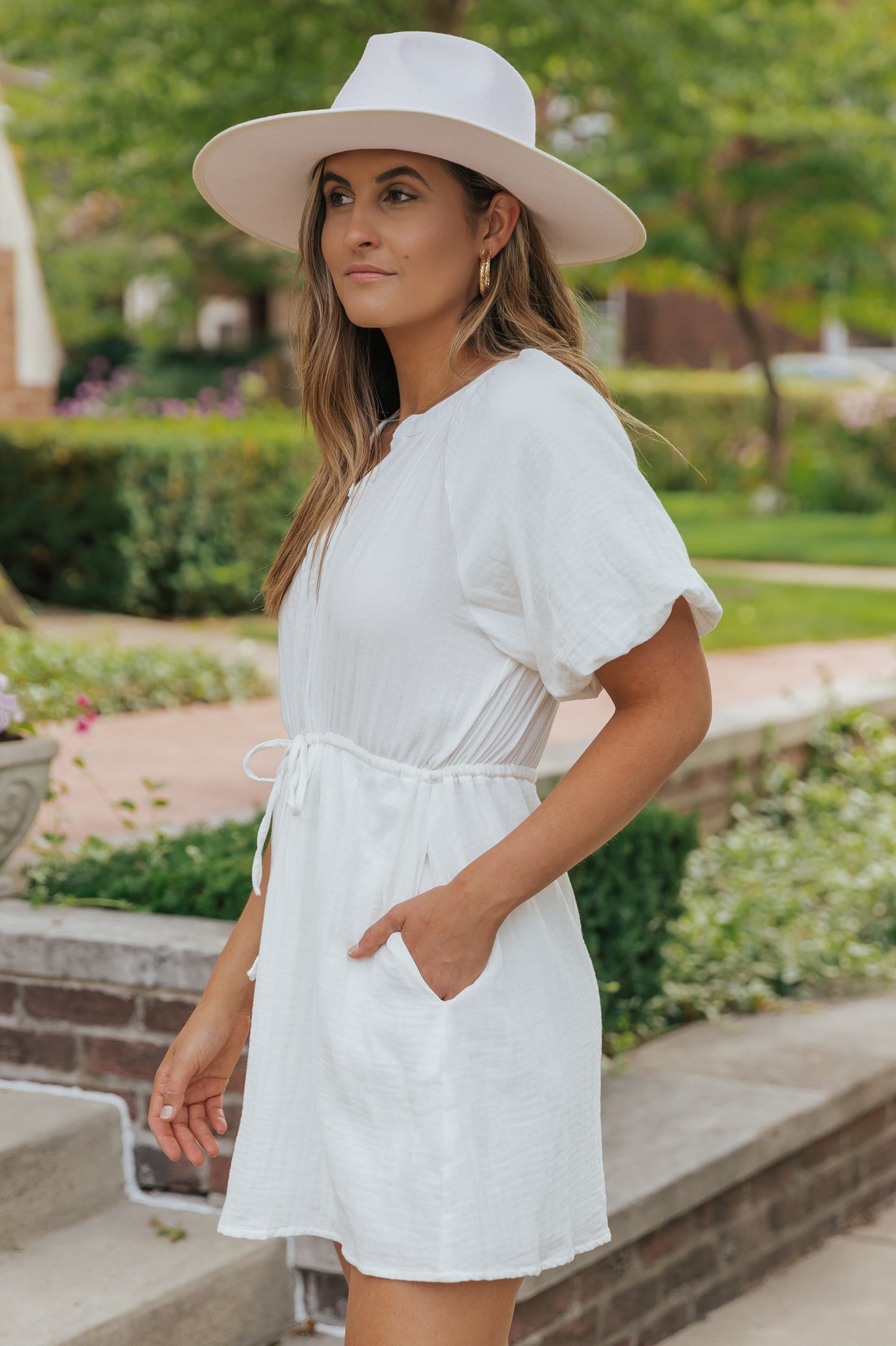 Puff Sleeve Drawstring Shirt Dress with Pockets