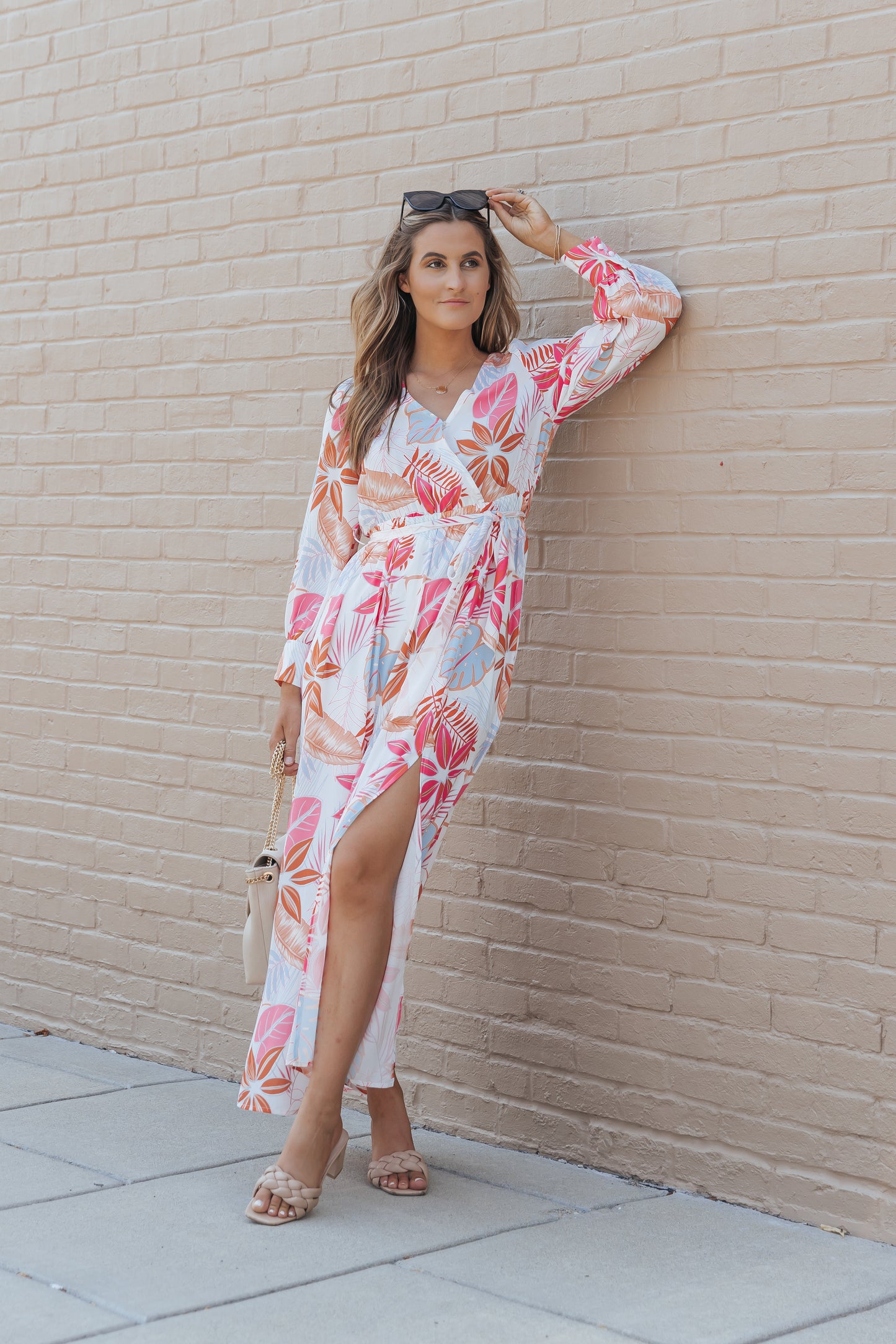 Tropical Plant Print Long Sleeve Wrap V-Neck Slit Maxi Dress