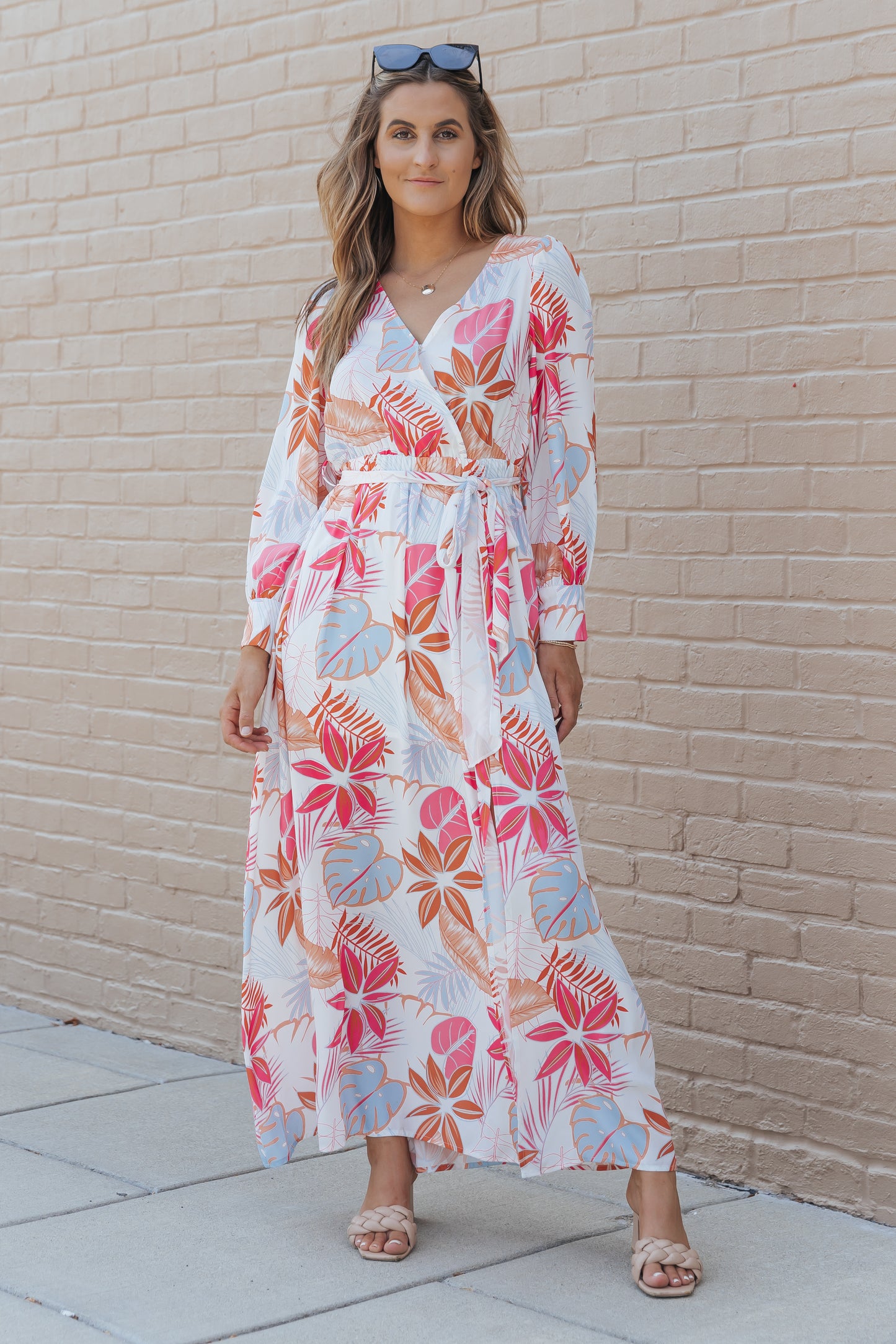 Tropical Plant Print Long Sleeve Wrap V-Neck Slit Maxi Dress