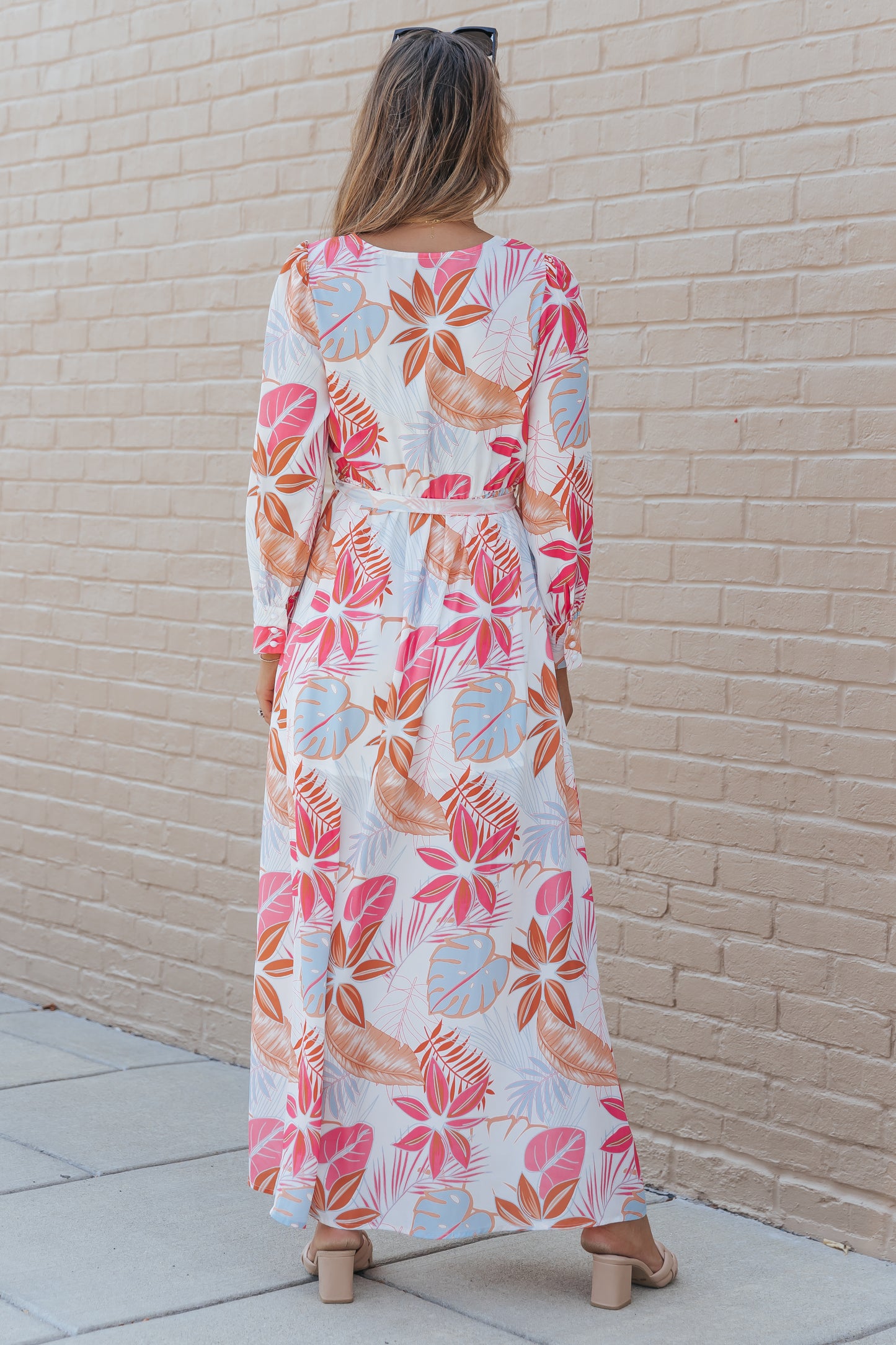Tropical Plant Print Long Sleeve Wrap V-Neck Slit Maxi Dress