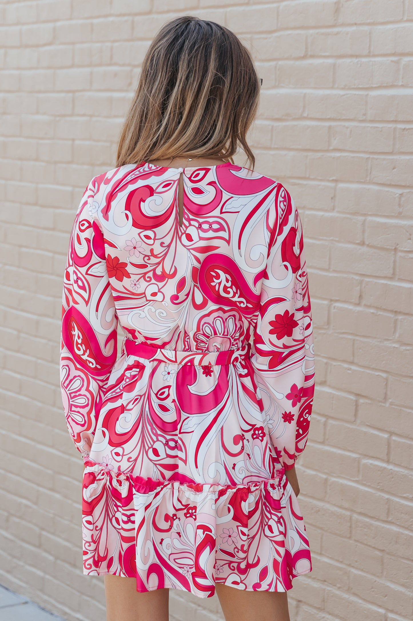 Paisley Printed Button Keyhole Back Belted Mini Dress
