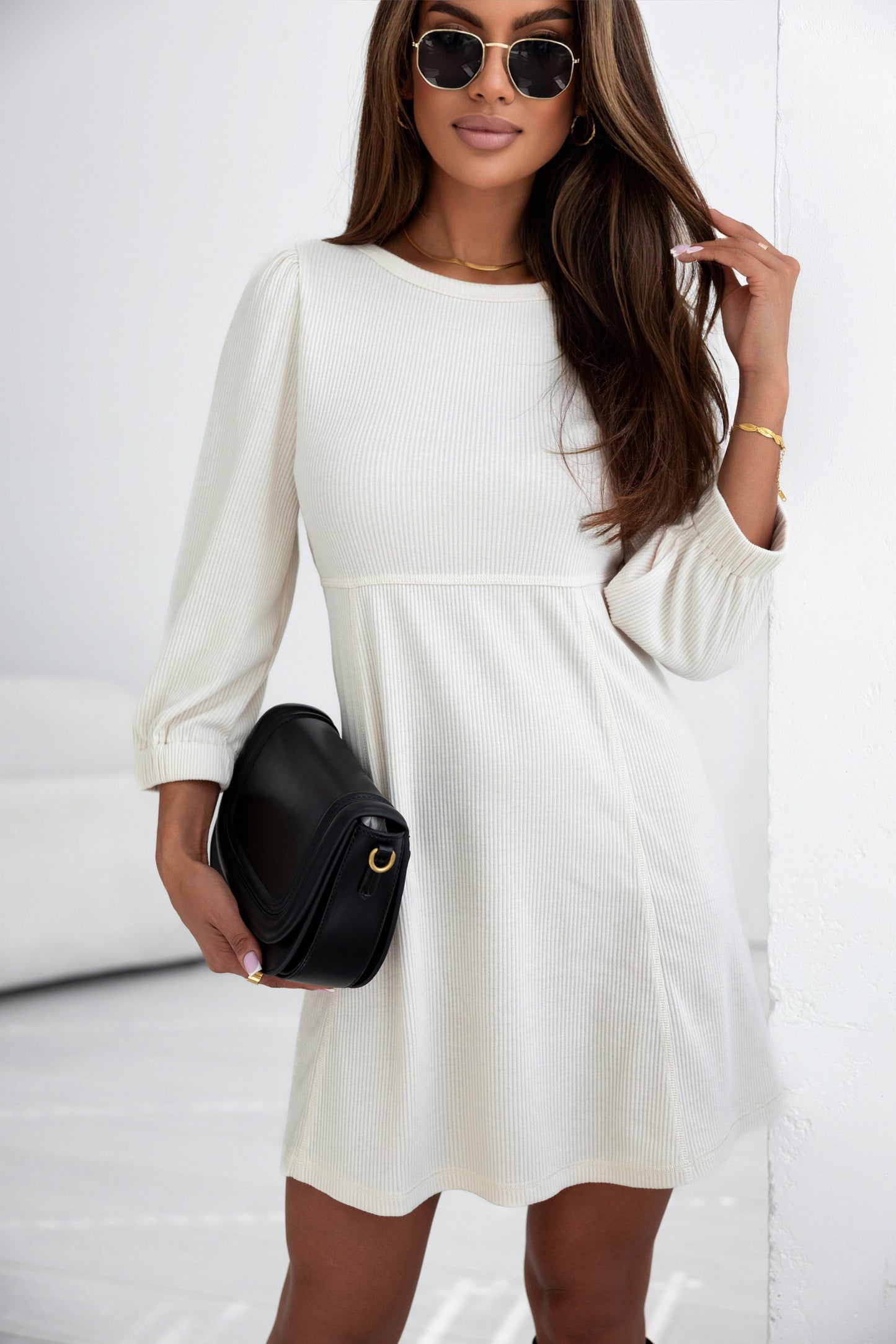 Beige Ribbed Knit Puff Sleeve Flared Mini Dress