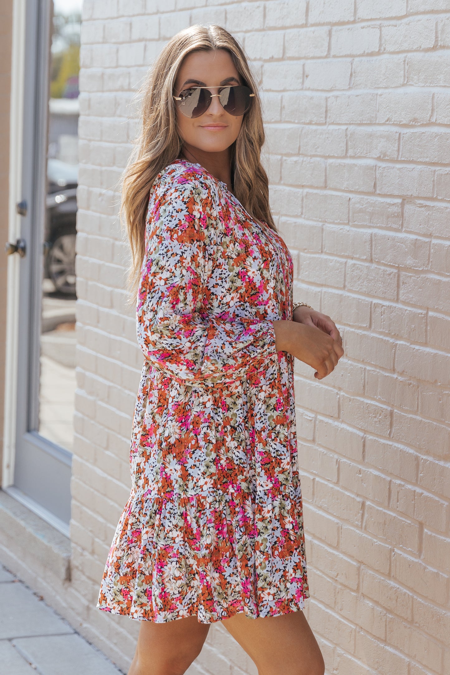 Multicolor Floral Neck Tie Long Sleeve Flared Dress