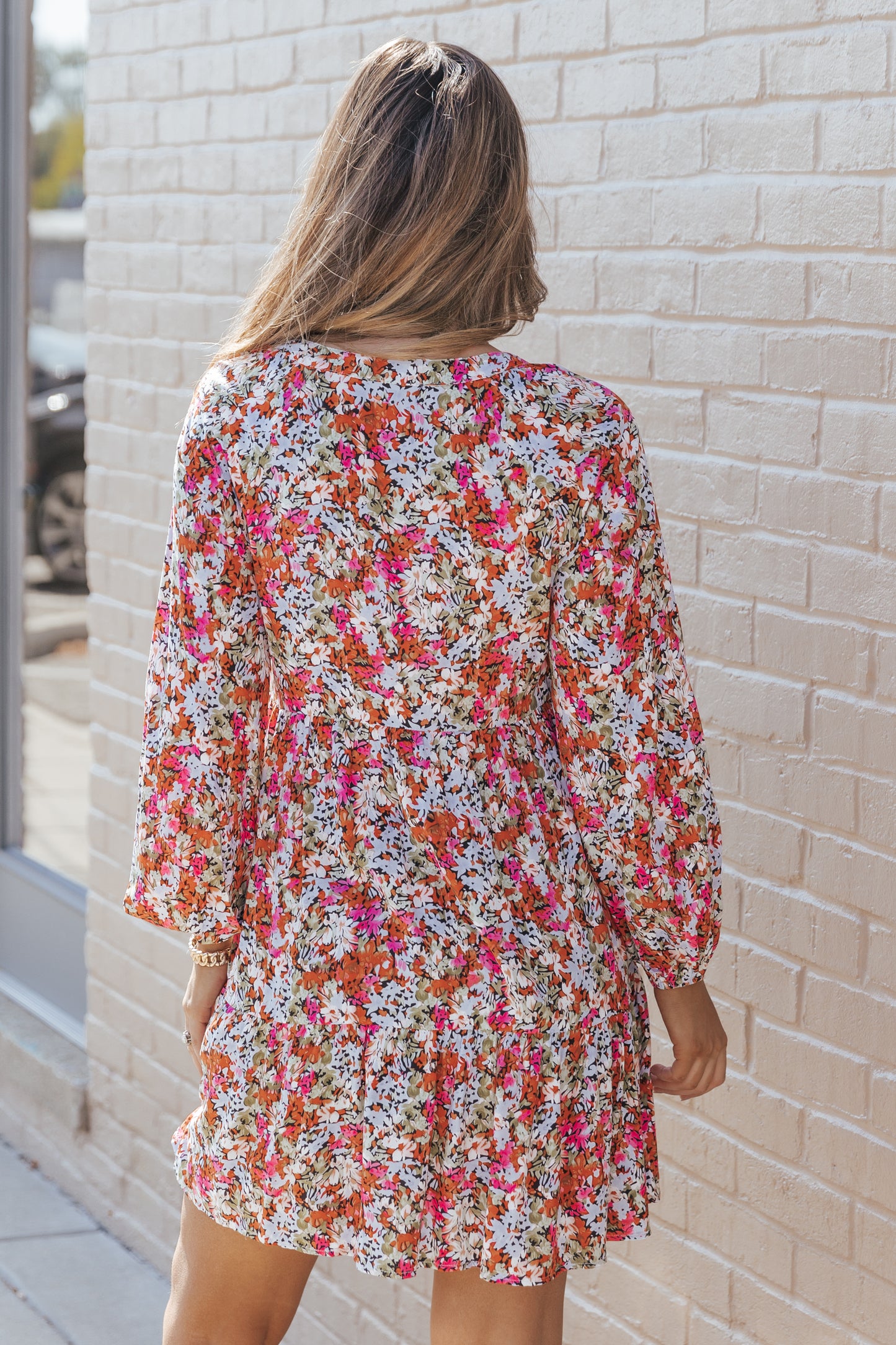 Multicolor Floral Neck Tie Long Sleeve Flared Dress