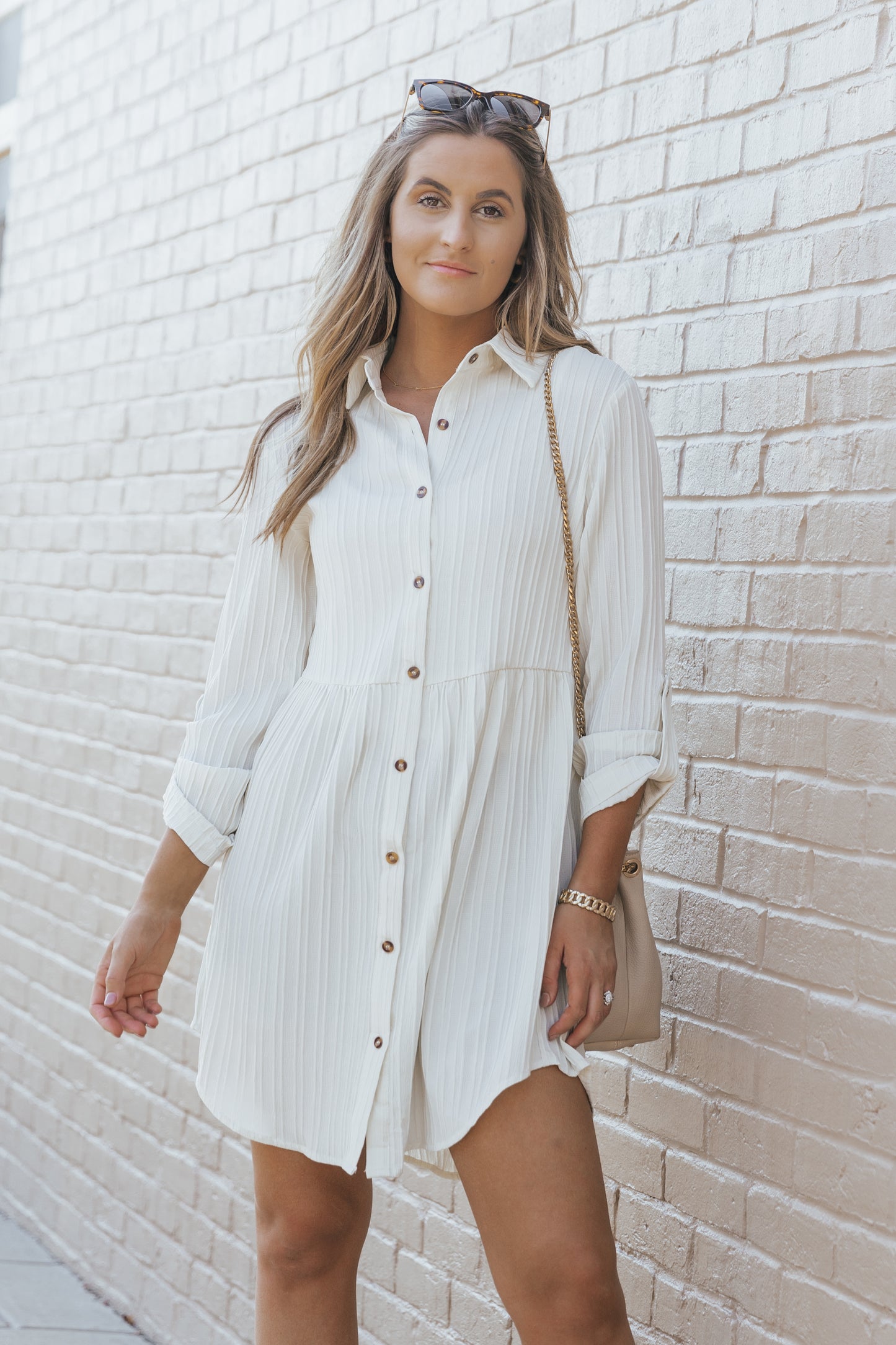 Apricot Textured Roll-Up Sleeve Button Front Dress