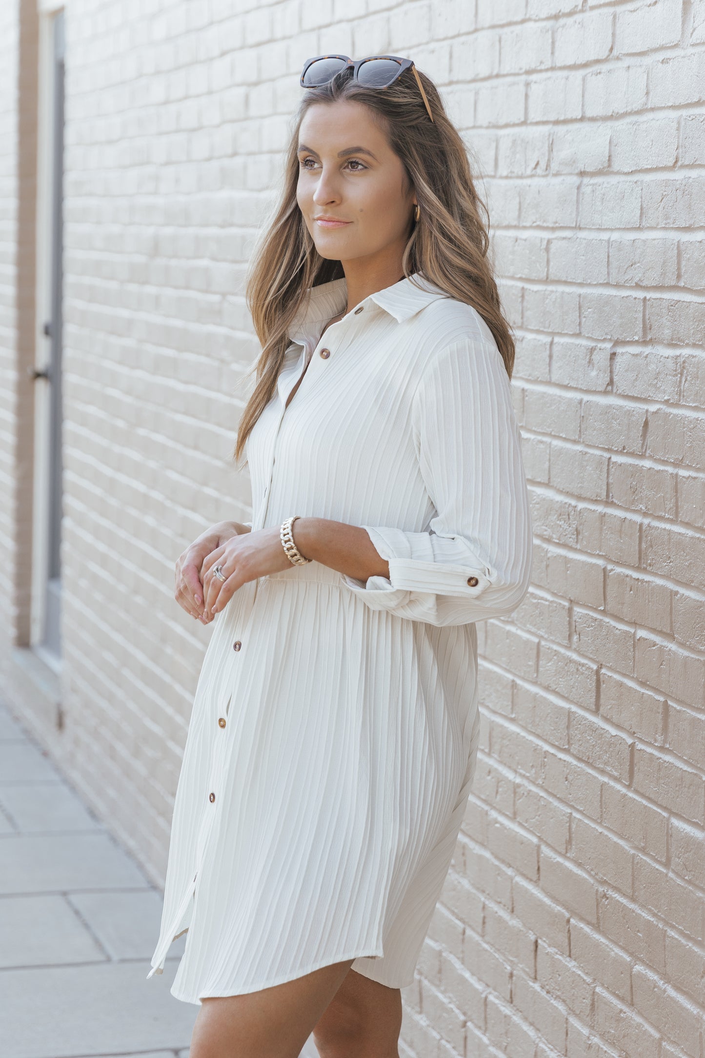 Apricot Textured Roll-Up Sleeve Button Front Dress