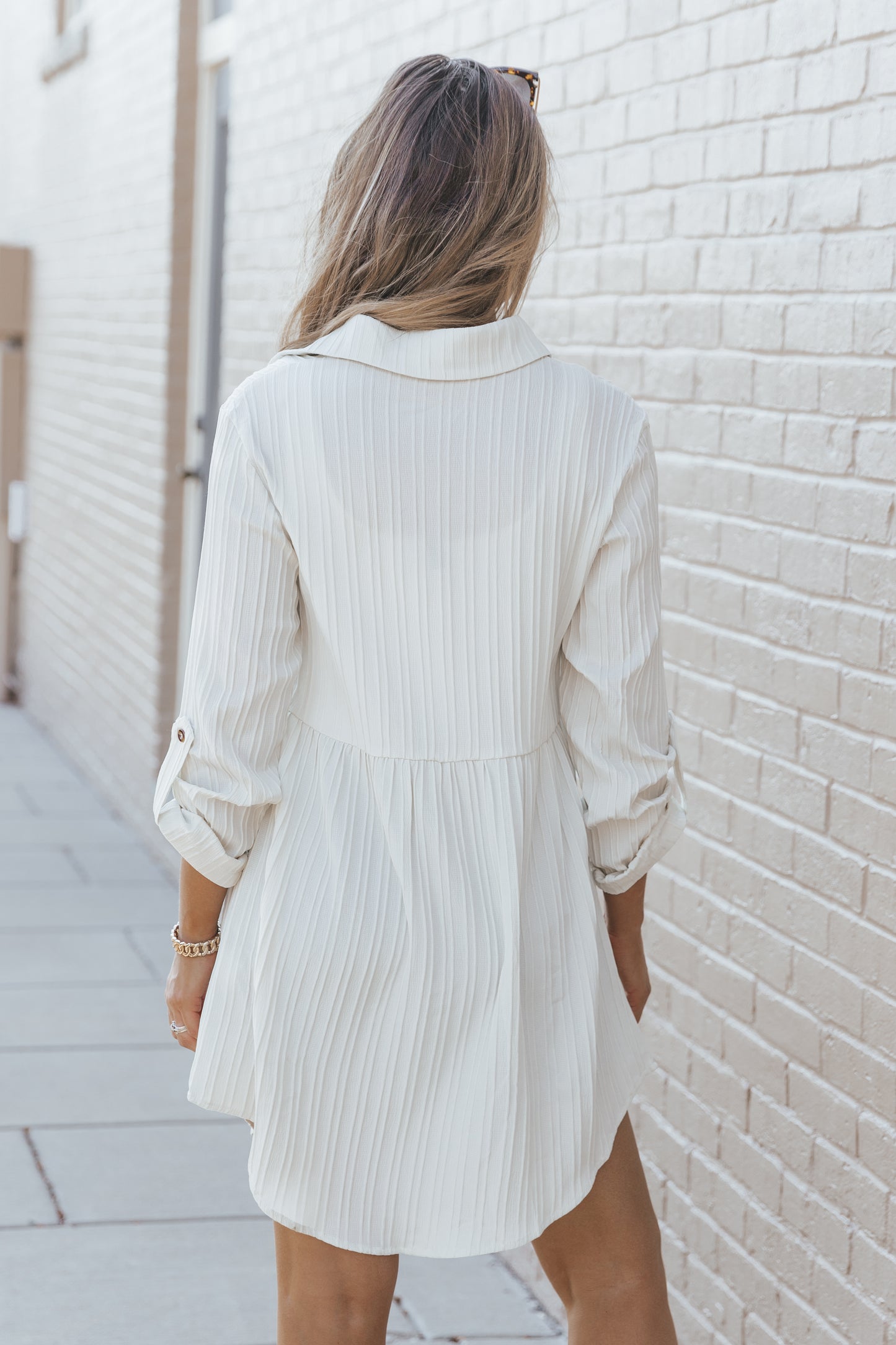 Apricot Textured Roll-Up Sleeve Button Front Dress