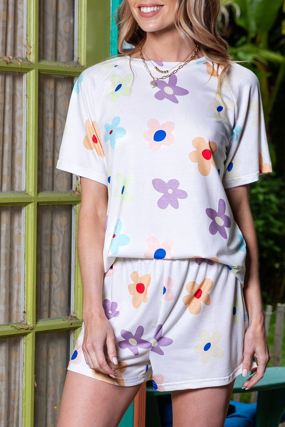 Flower Print Short Sleeve High Waist Two Piece Shorts Set