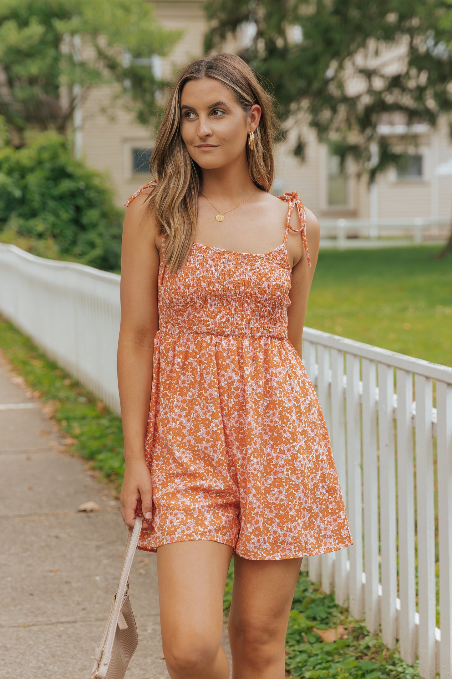 Boho Floral Print Shirred Thin Straps Romper