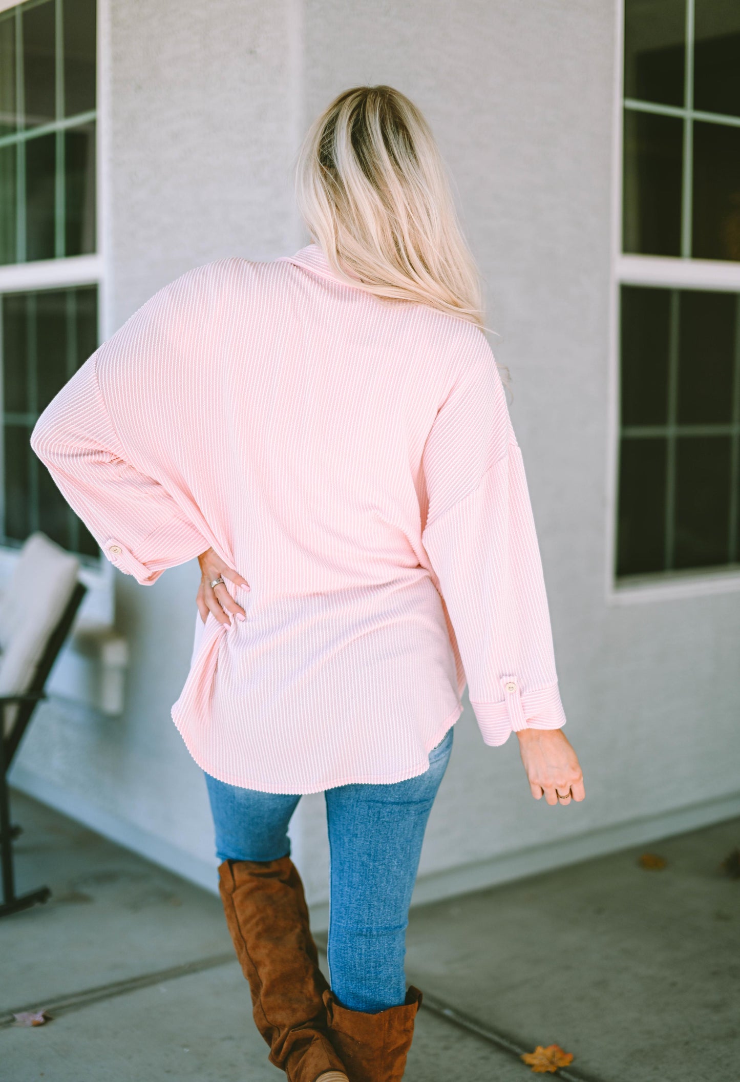 Pink Roll Tab Sleeve Ribbed Cording Shacket
