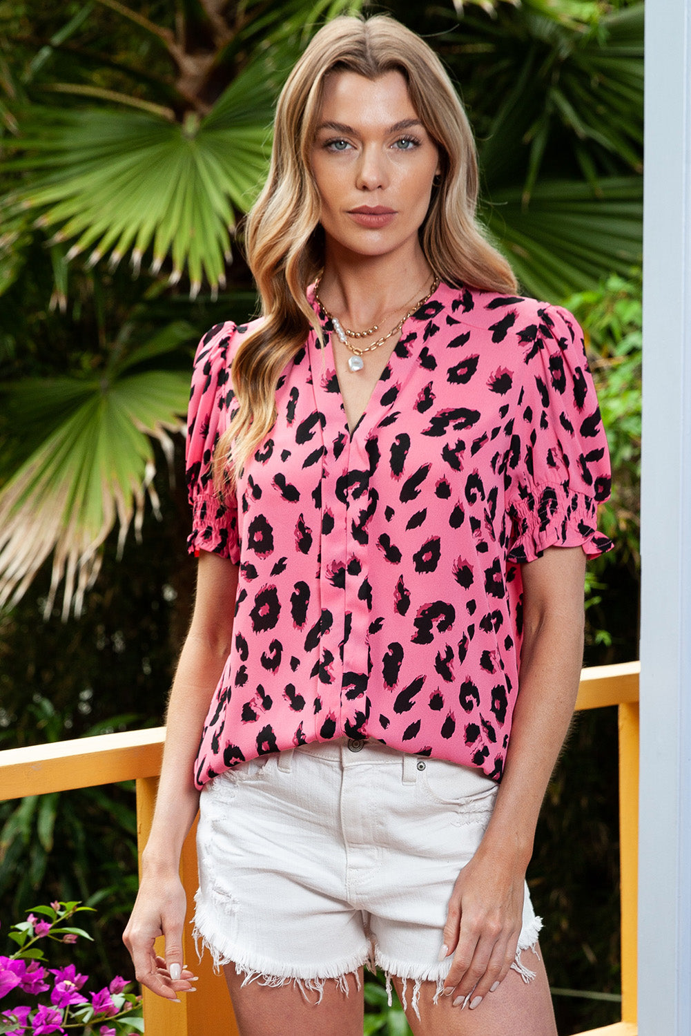 Leopard Notch Neck Bubble Sleeve Blouse
