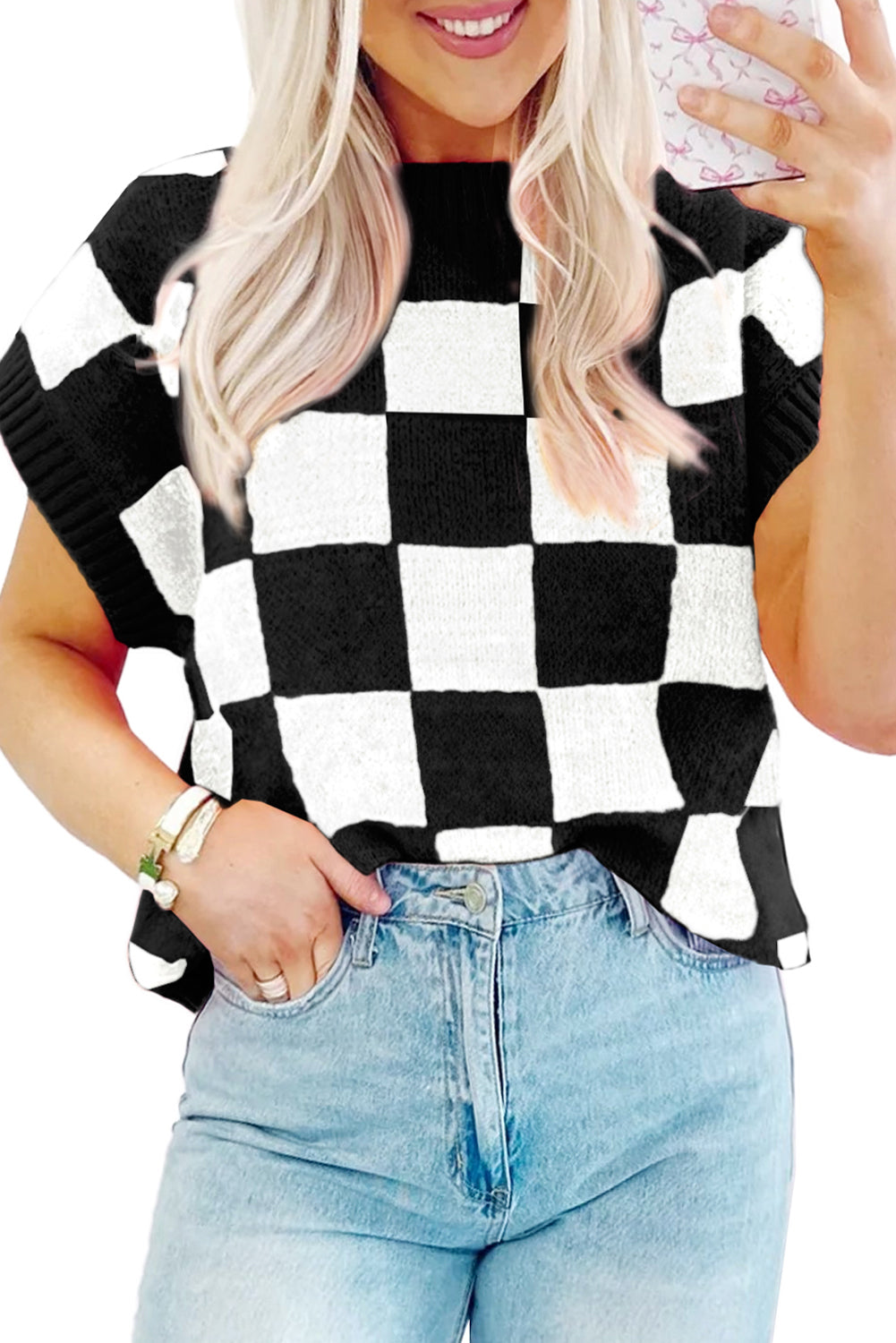 Strawberry Pink Colorblock Plaid Pattern Ribbed Trim Sweater Tank Top