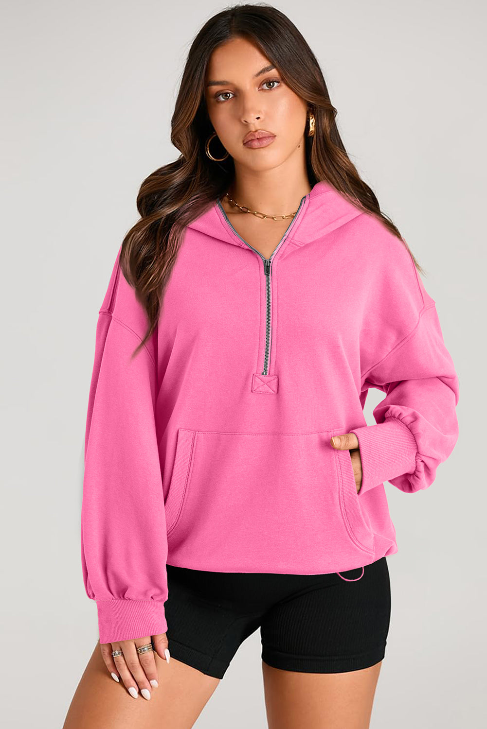 Parchment Solid Kangaroo Pocket Half Zipper Oversized Hoodie