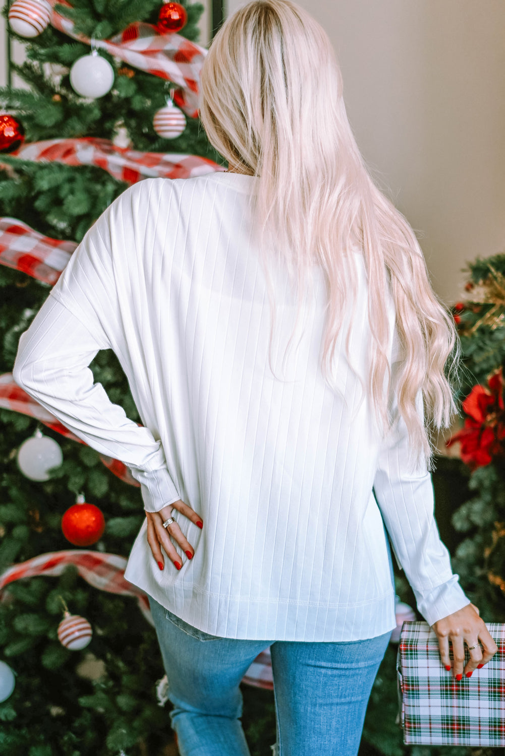 White HOHOHO Christmas Graphic Wide Rib Long Sleeve Top