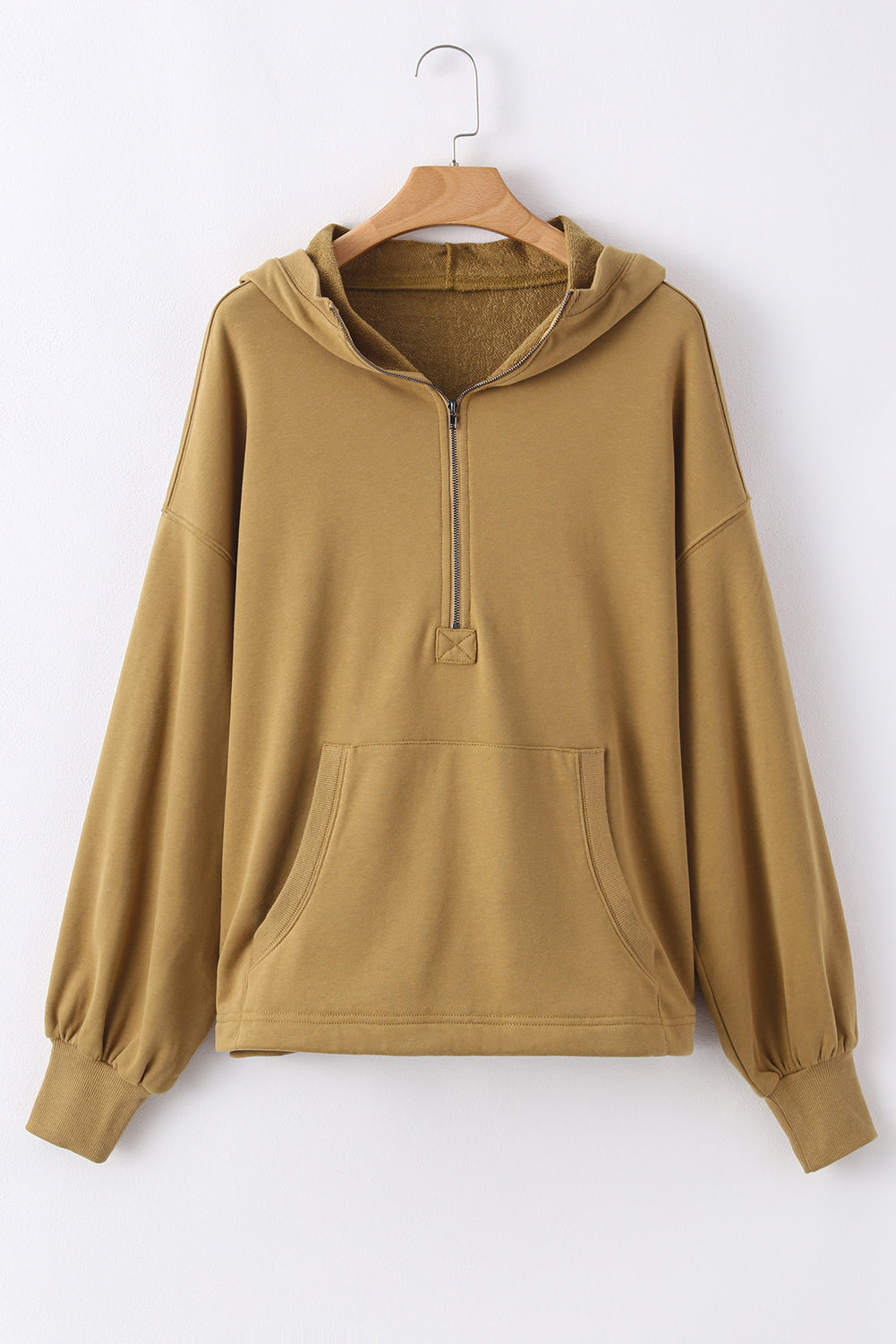 Parchment Solid Kangaroo Pocket Half Zipper Oversized Hoodie