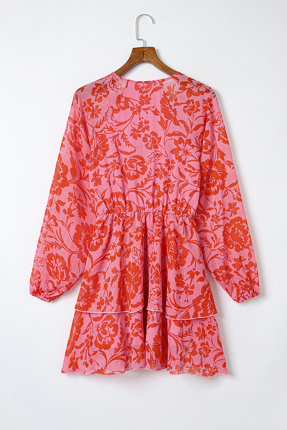 Red Floral Ruffle Layered Puff Sleeve Surplice Dress