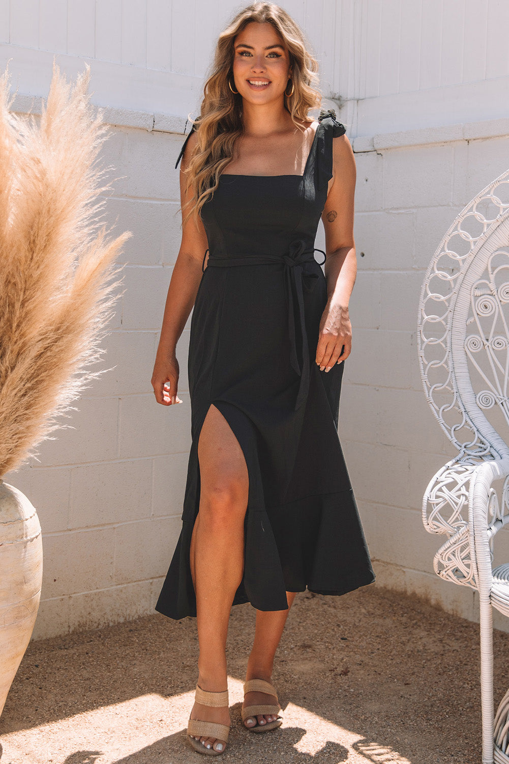 Black Tie Shoulder Smocked Back Side Slit Maxi Dress