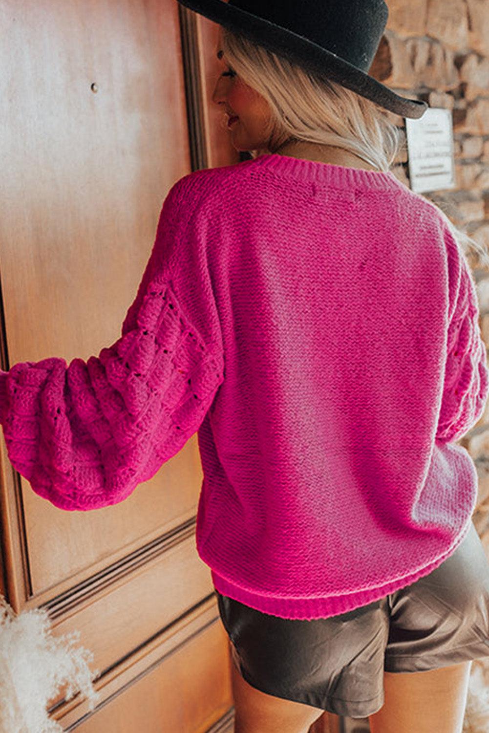 Khaki Hollowed Bubble Sleeve Knit Sweater