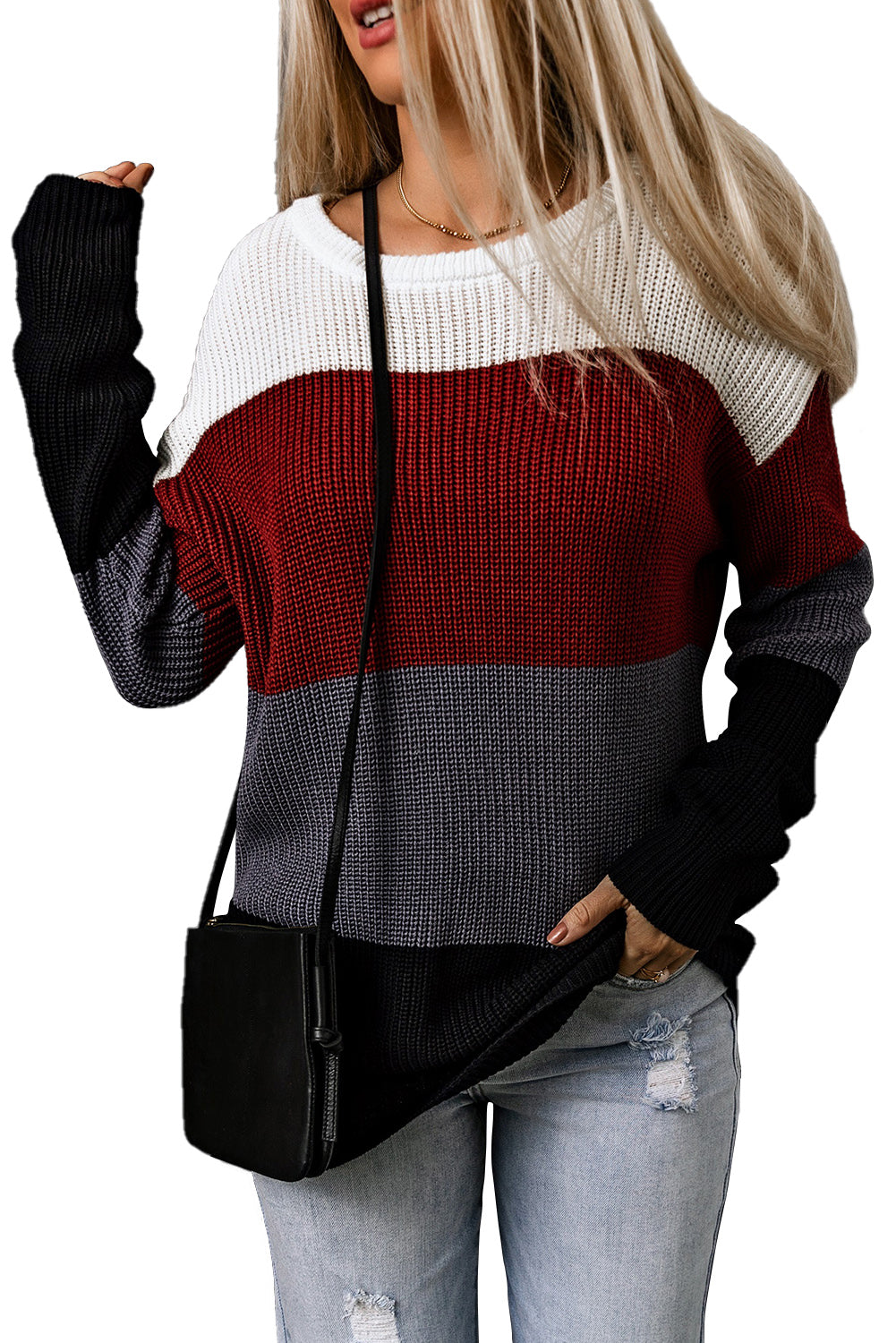 Color Block Knitted O-neck Pullover Sweater