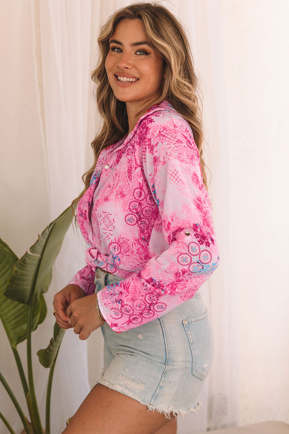 Floral Flutter Sleeve Lace-Up Blouse