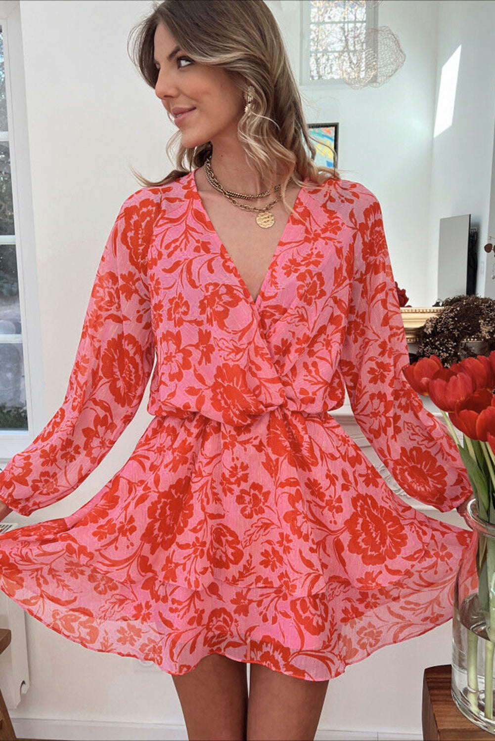 Red Floral Ruffle Layered Puff Sleeve Surplice Dress
