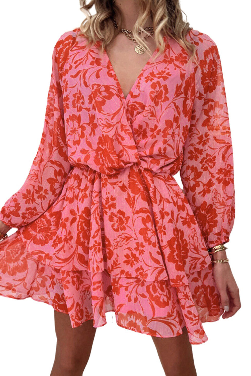 Red Floral Ruffle Layered Puff Sleeve Surplice Dress