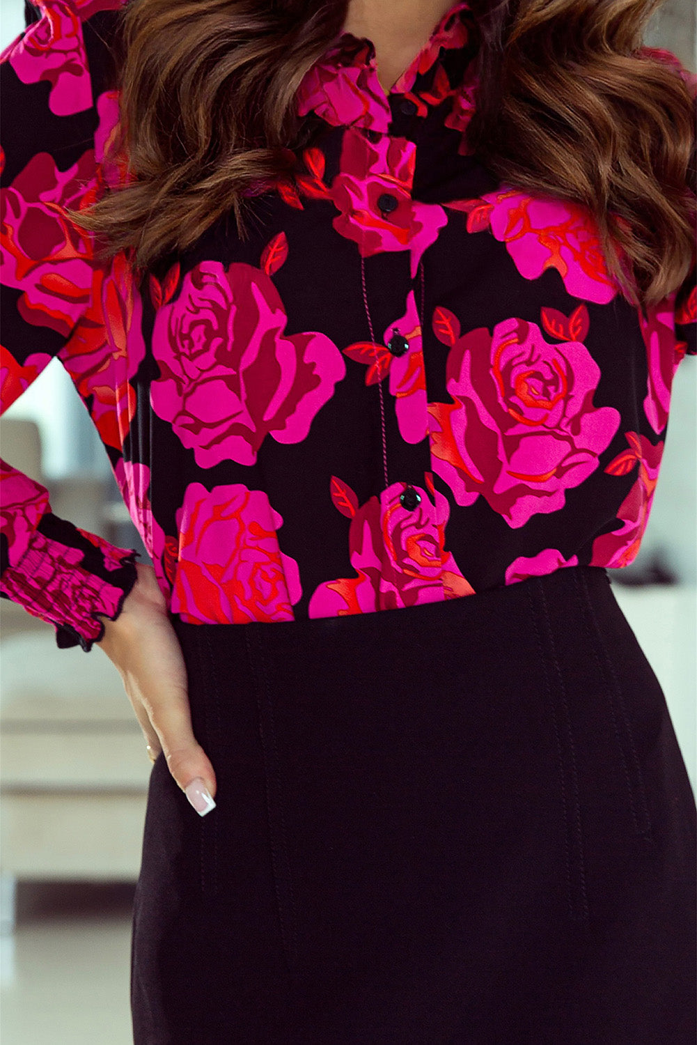 Rose Floral Shirred Cuffs Long Sleeve Shirt