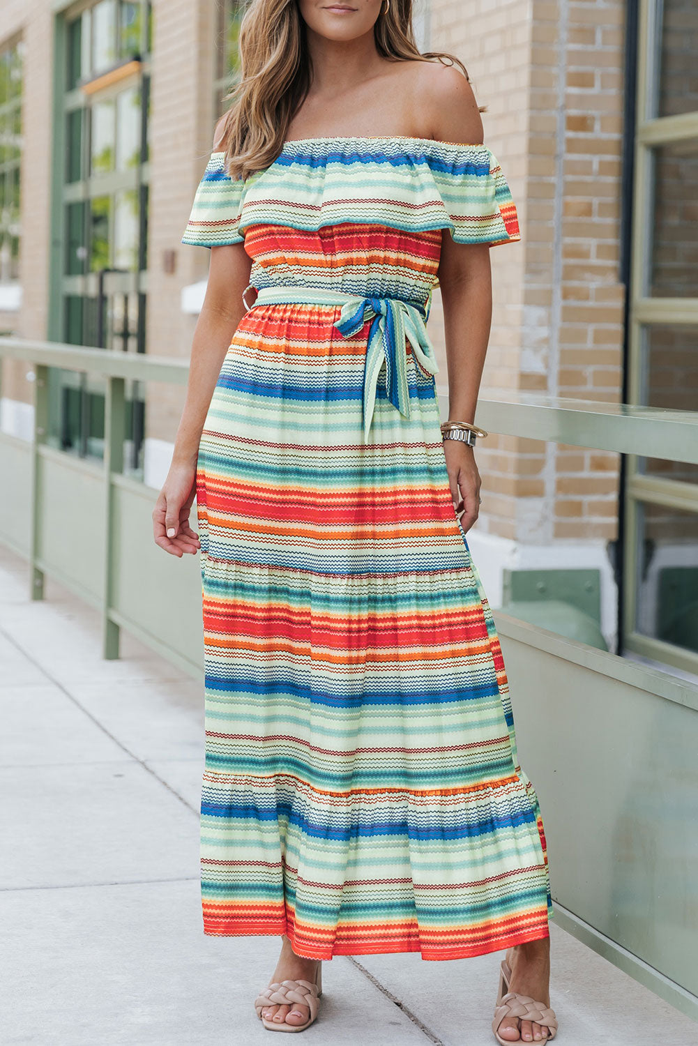 Stripe Print Lace-up Ruffled Off Shoulder Maxi Dress