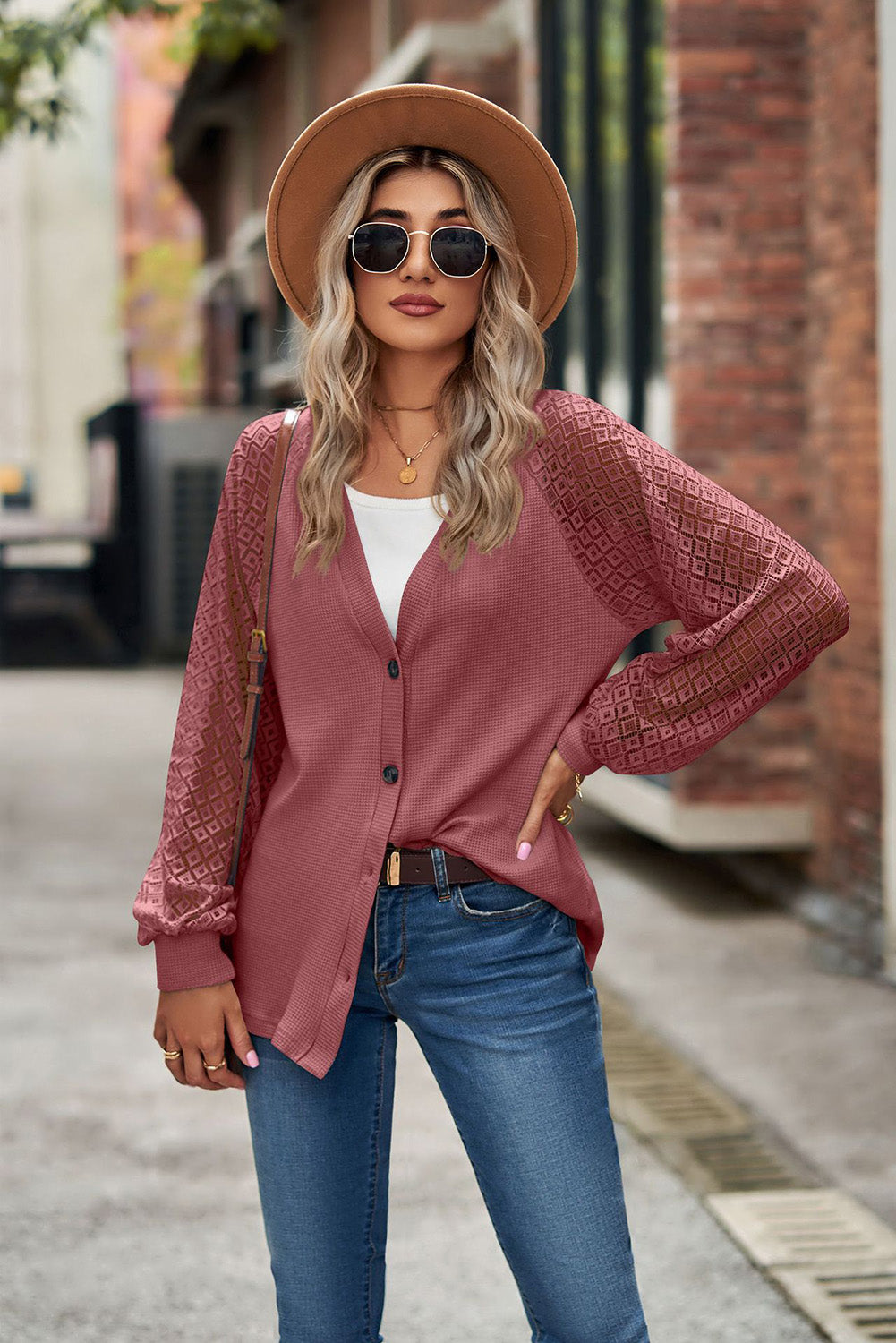 Black Waffled Knit Lace Long Sleeve Buttoned Cardigan